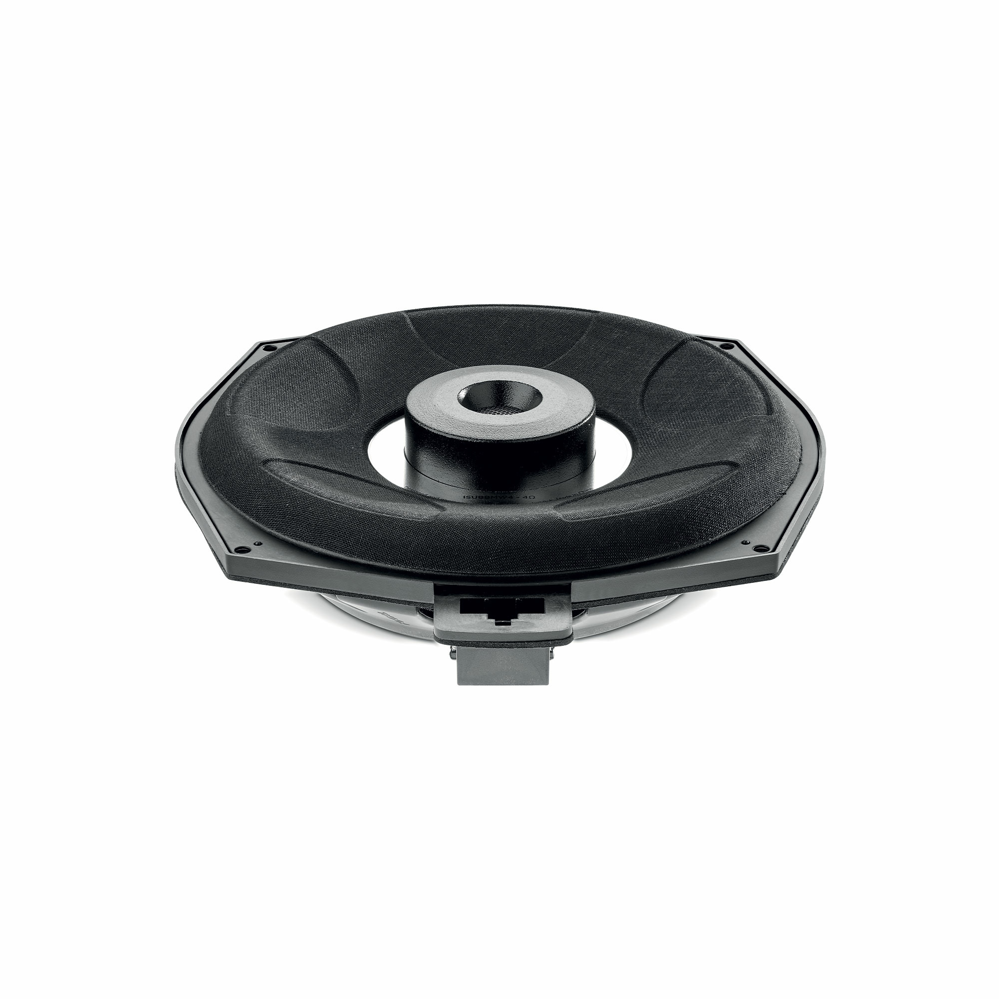 Schwarzer Subwoofer mit einem kreisförmigen schwarzen Membran und silbernem Zentrum.