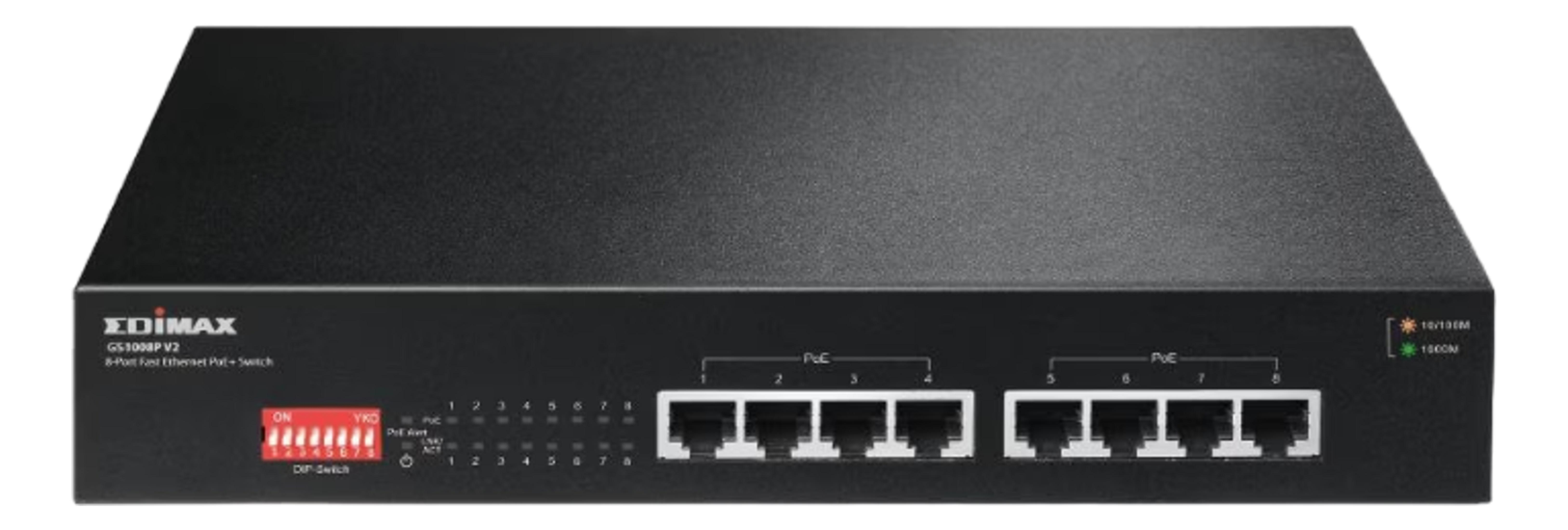 Uno switch Ethernet PoE Edimax GS1008P V2 nero a 8 porte con porte.