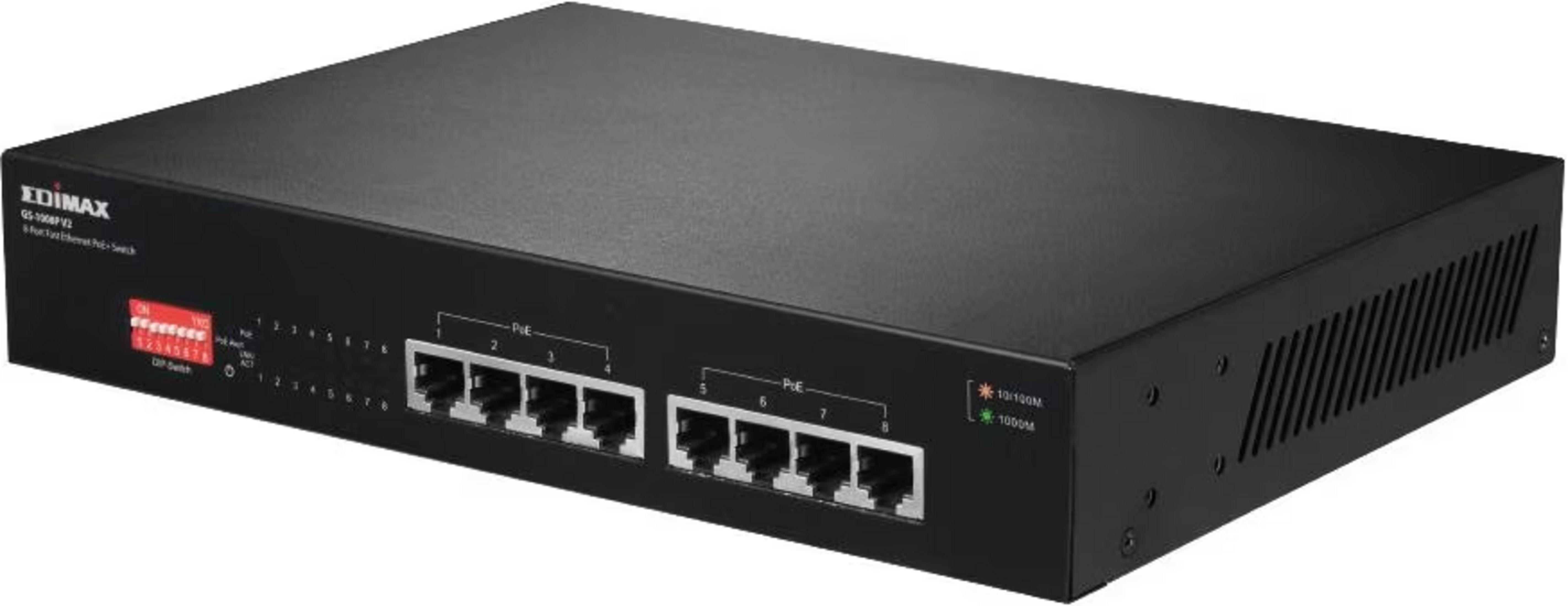 Uno switch di rete Edimax GS-1008PV2 nero a 8 porte con PoE.