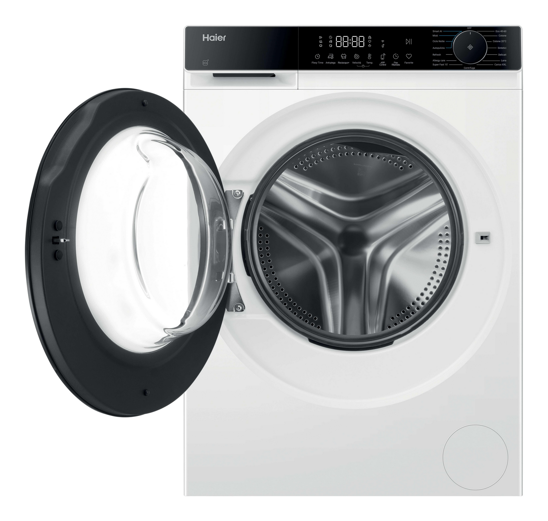 Una lavatrice Haier bianca con oblò aperto, che mostra il cestello in acciaio inox.