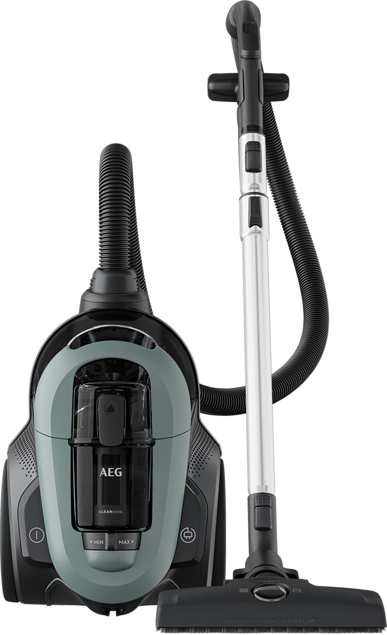 A grey and black AEG vacuum cleaner with hose and wand.