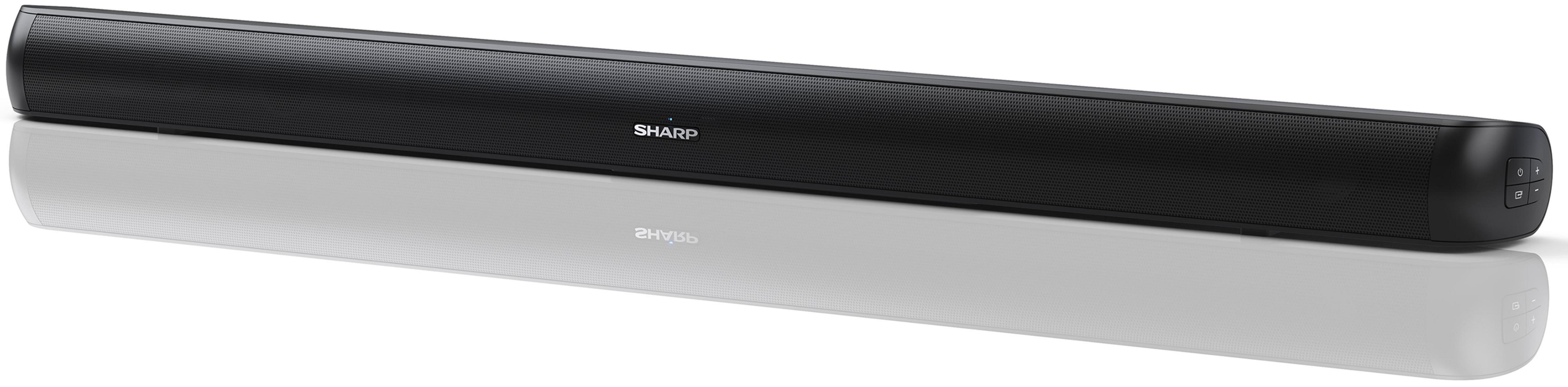 Czarny soundbar SHARP z maskownicą głośnika i przyciskami.