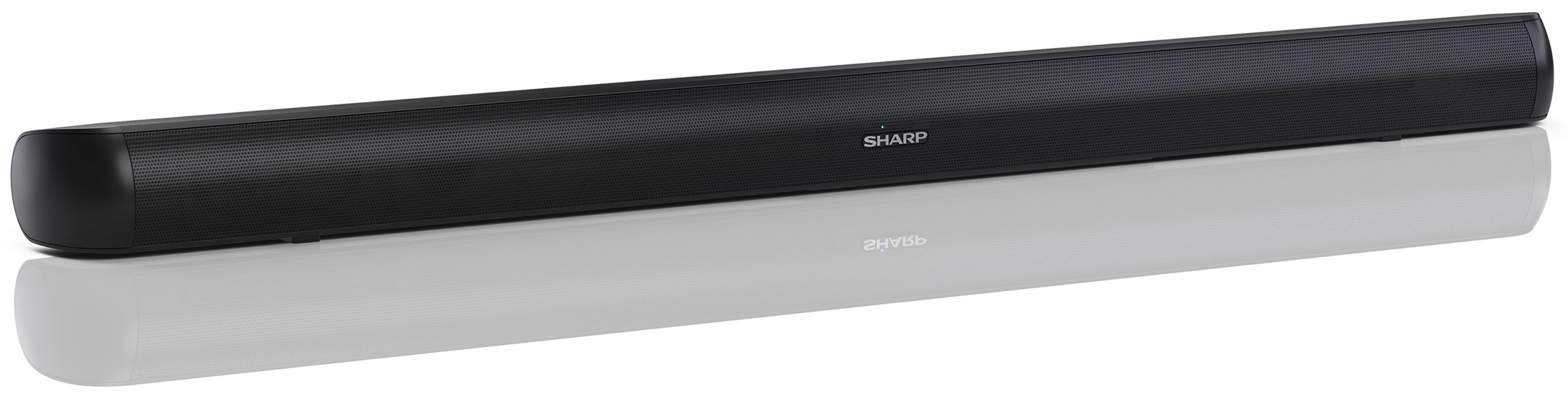 Czarny soundbar Sharp z teksturowanym przodem na odblaskowej powierzchni.