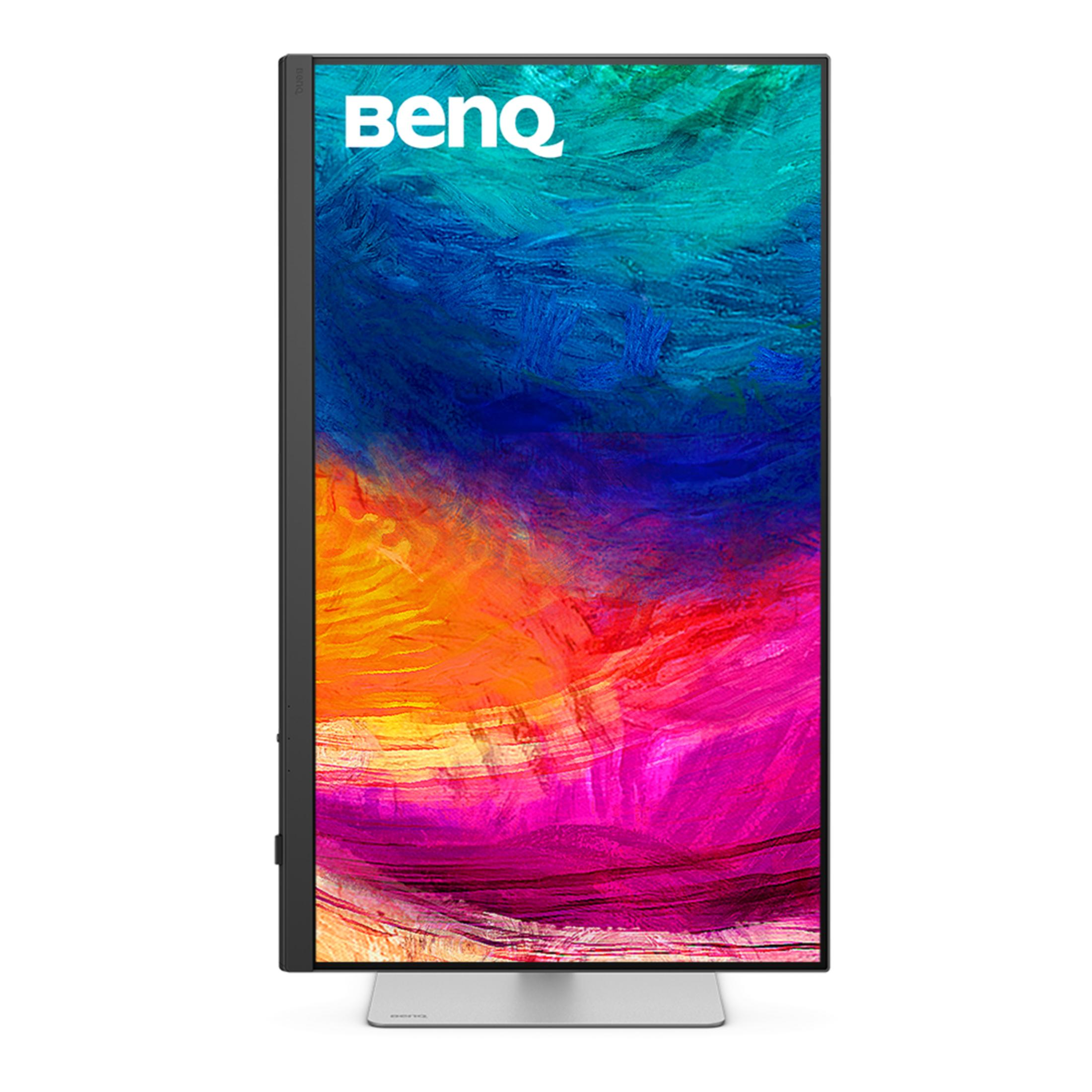 Monitor BenQ wyświetlający kolorową, abstrakcyjną tapetę w kolorach różowym, pomarańczowym i niebieskim.