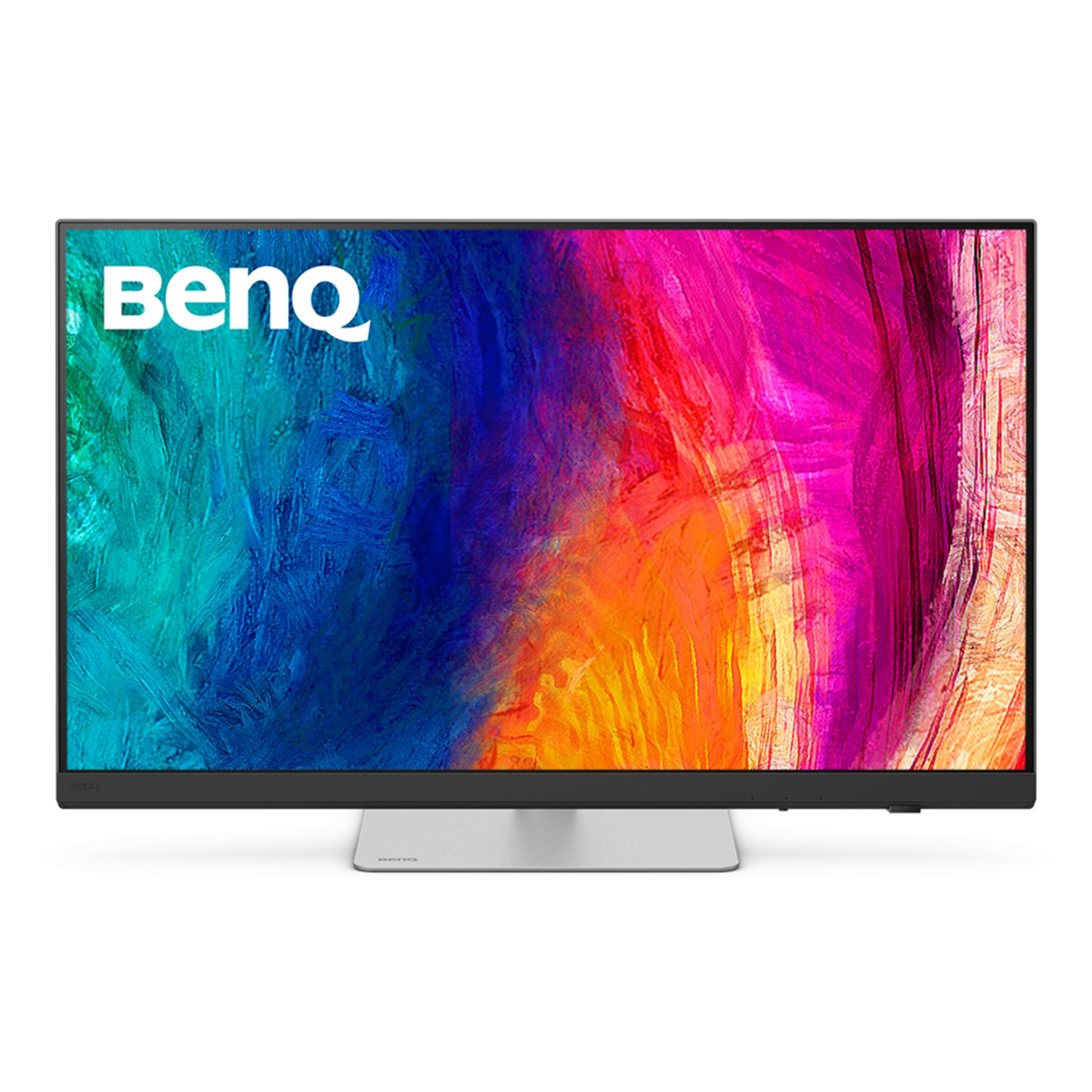 Nowoczesny monitor BenQ wyświetla żywy abstrakcyjny obraz w odcieniach różu, błękitu i żółci.