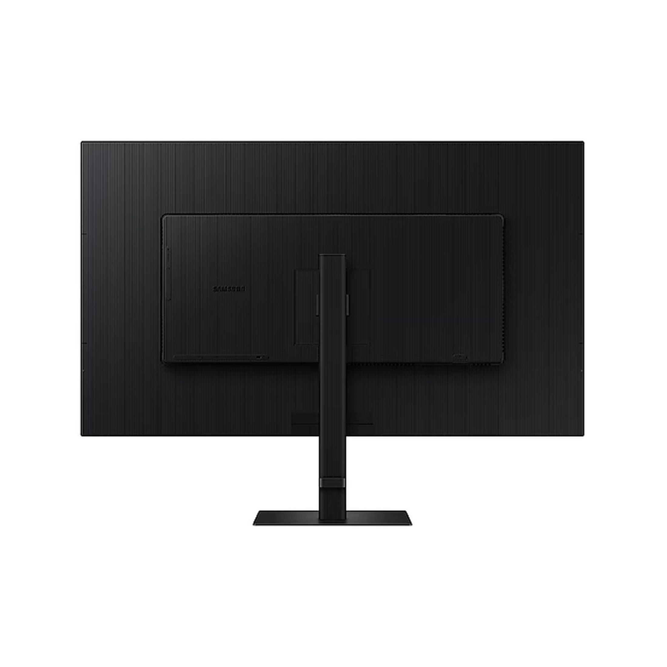 Vista trasera de un monitor negro con textura vertical y soporte.