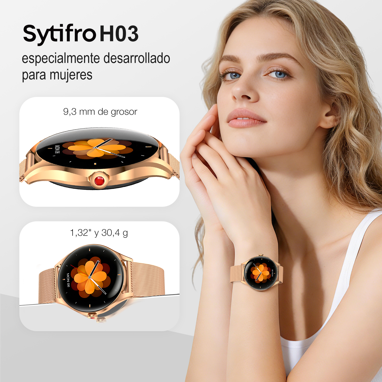 Una mujer lleva un reloj dorado con esfera floral. Se muestran detalles.