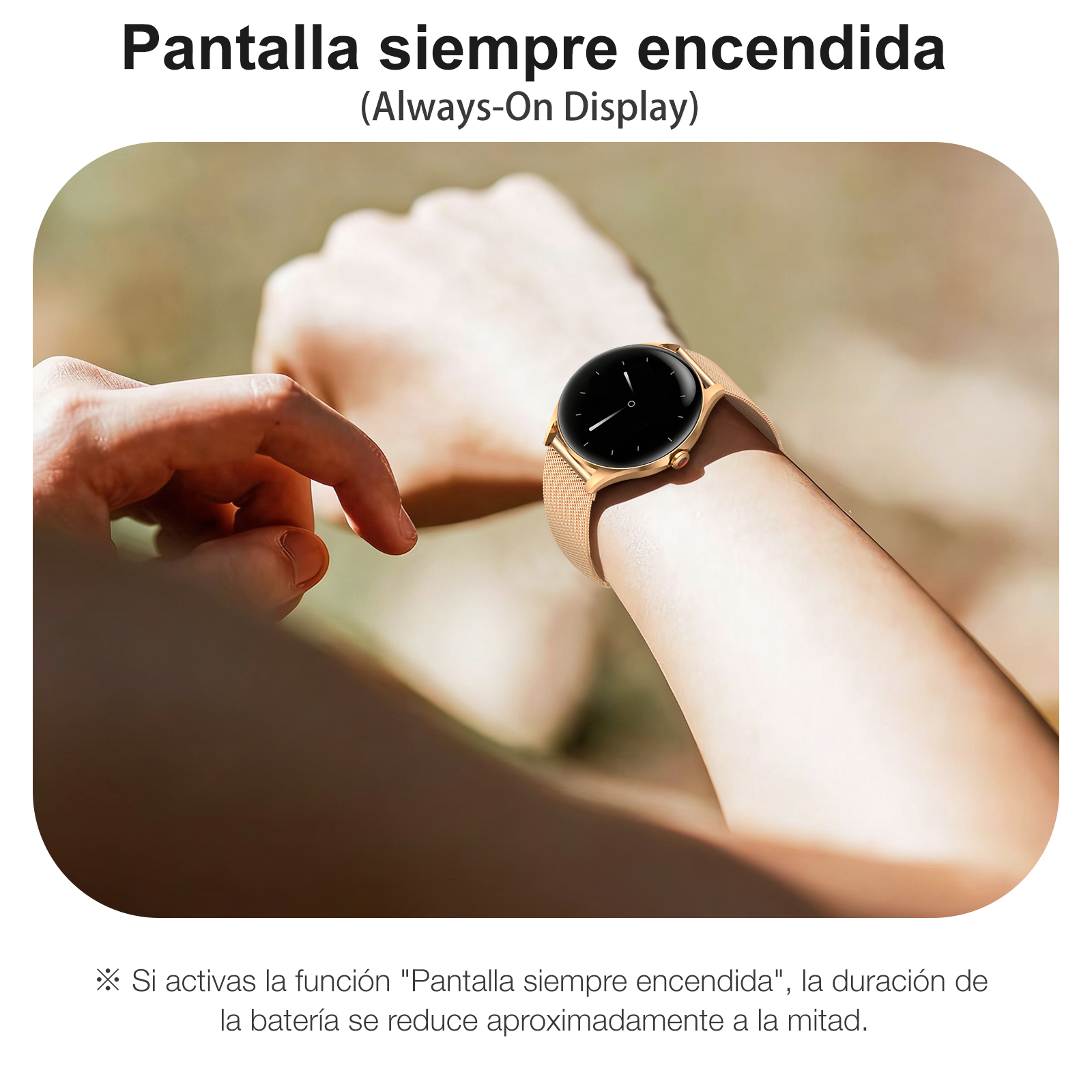 Un reloj inteligente dorado con pantalla negra en una muñeca.