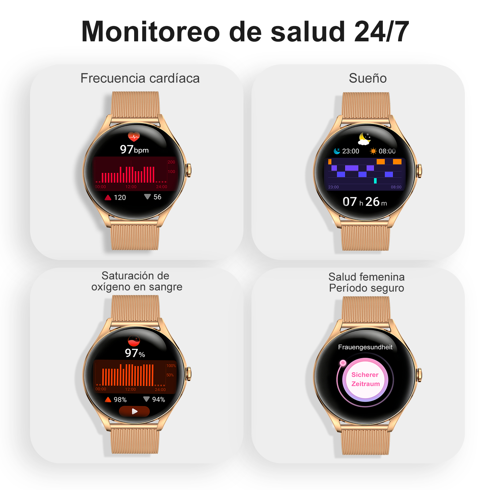 Relojes inteligentes dorados muestran datos de frecuencia cardíaca, sueño, oxígeno y salud.