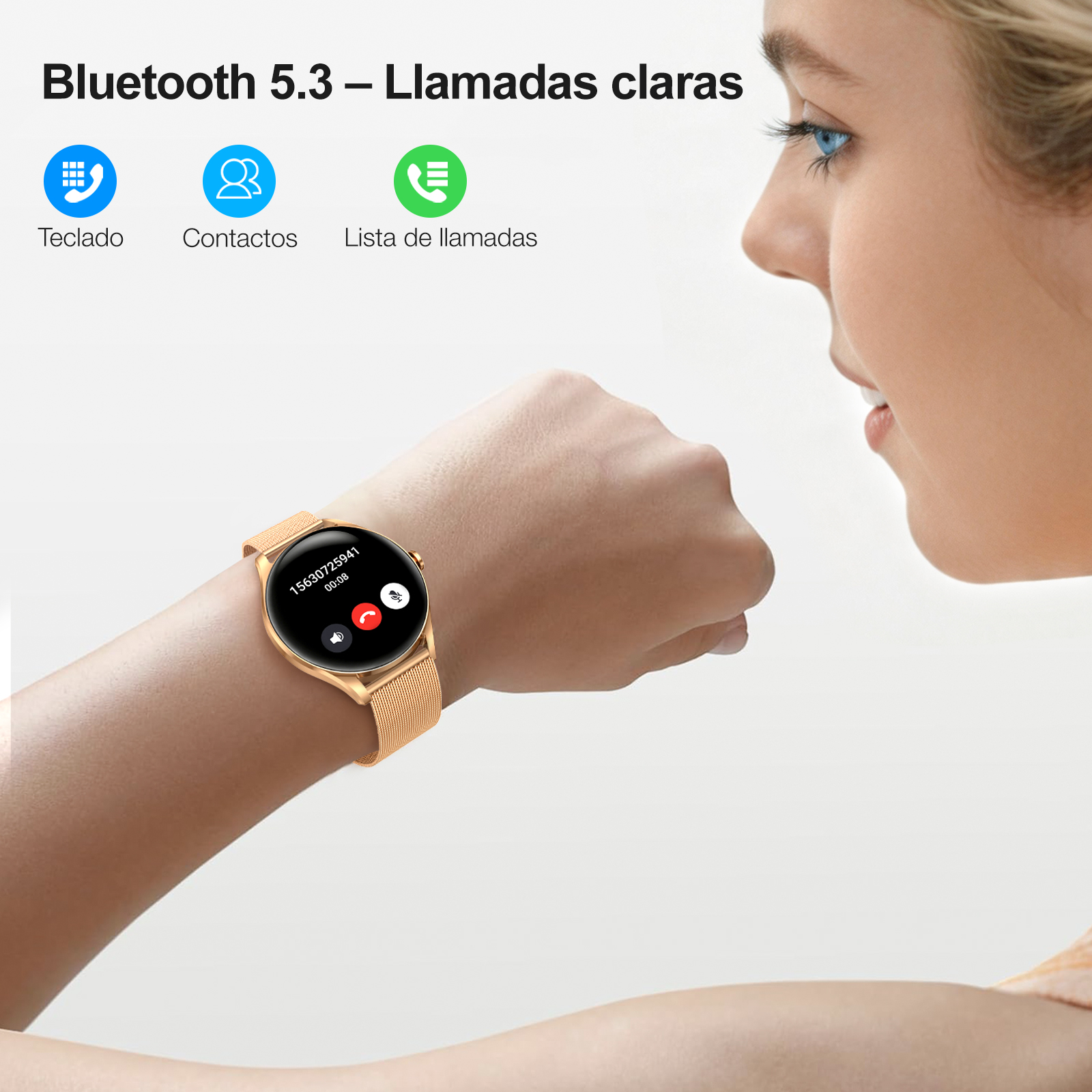 Reloj inteligente dorado muestra llamada entrante 15630725941.