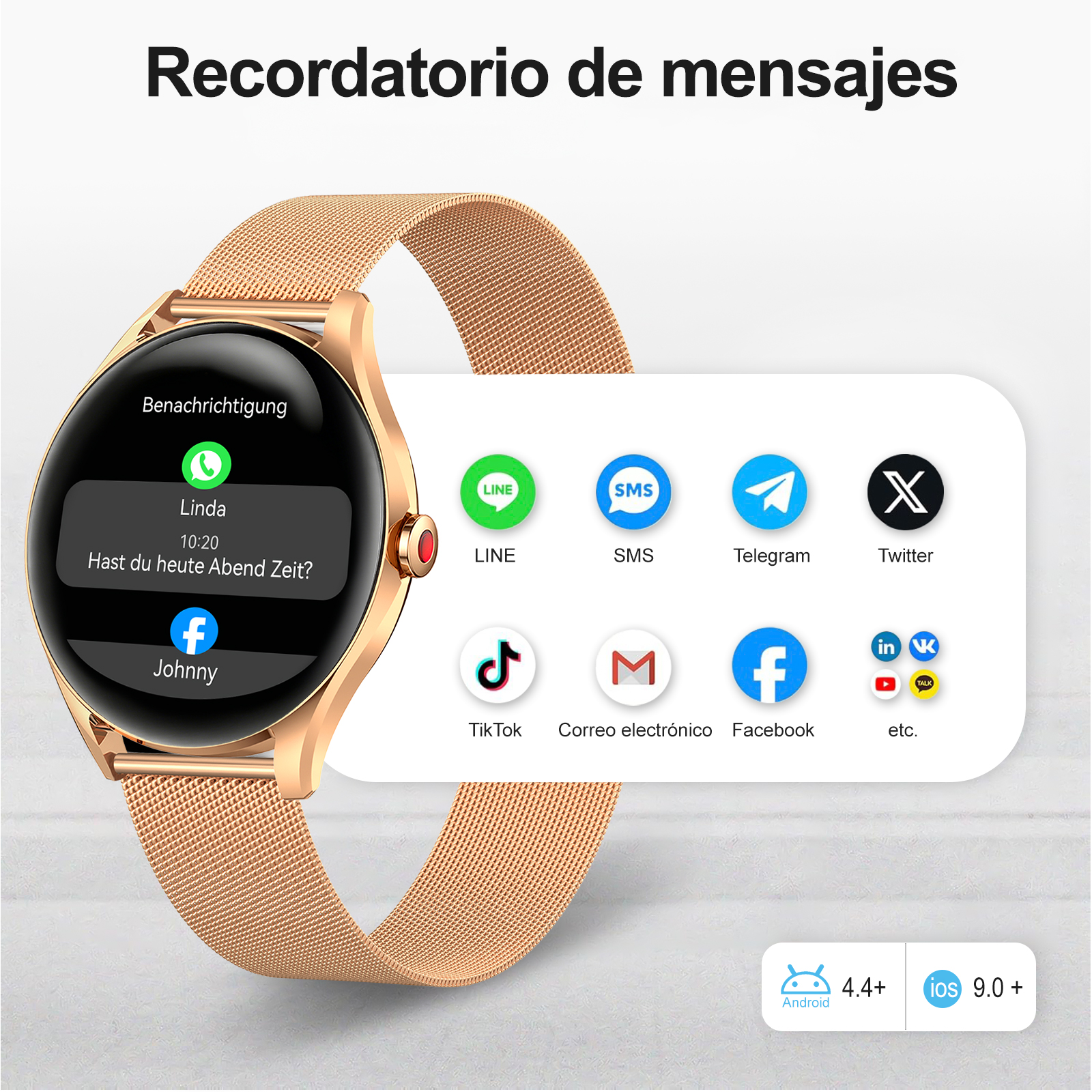 Reloj inteligente dorado muestra apps de mensajes como LINE, SMS, Telegram, Twitter, TikTok.