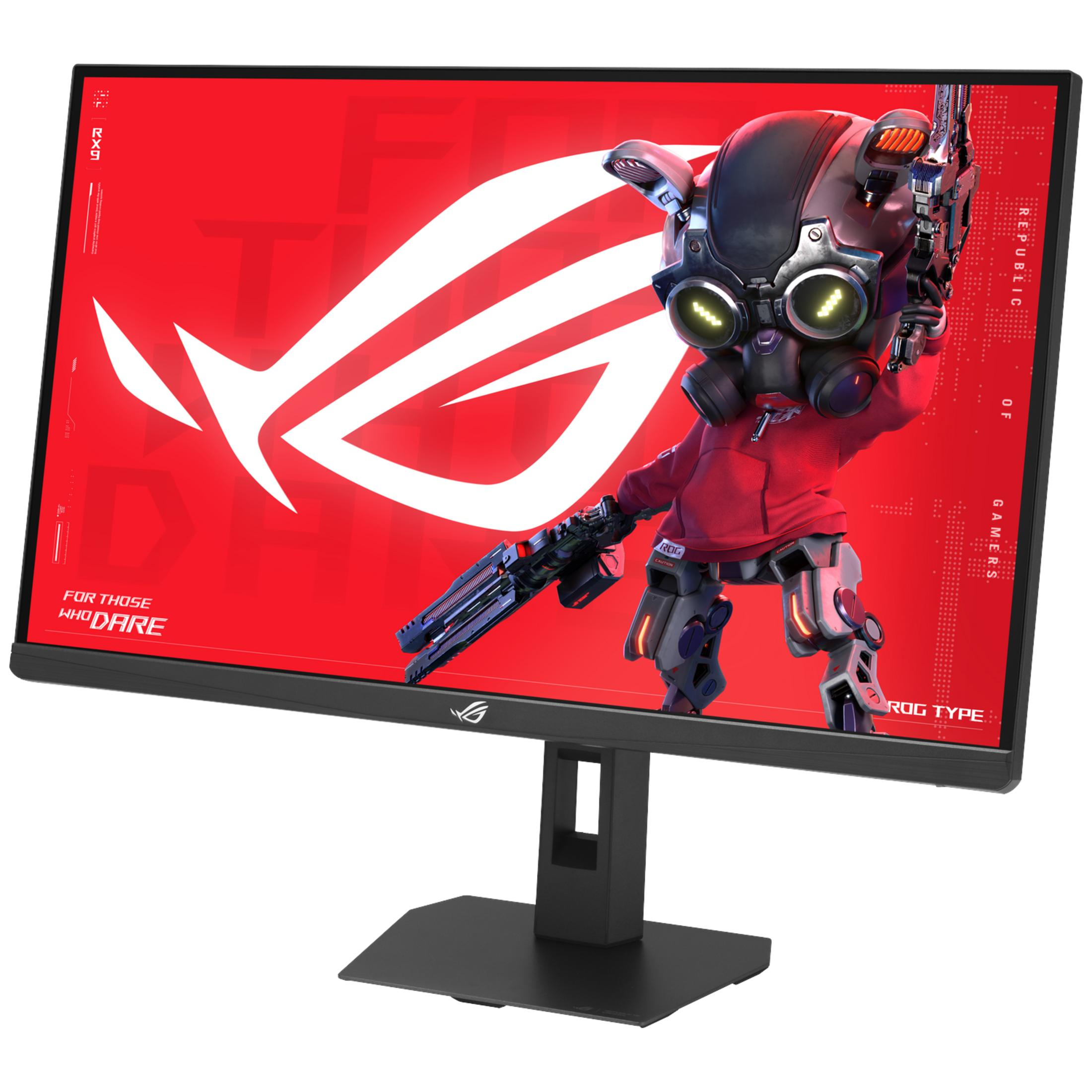 Monitor gamingowy z czerwonym tłem przedstawiający robota z bronią.