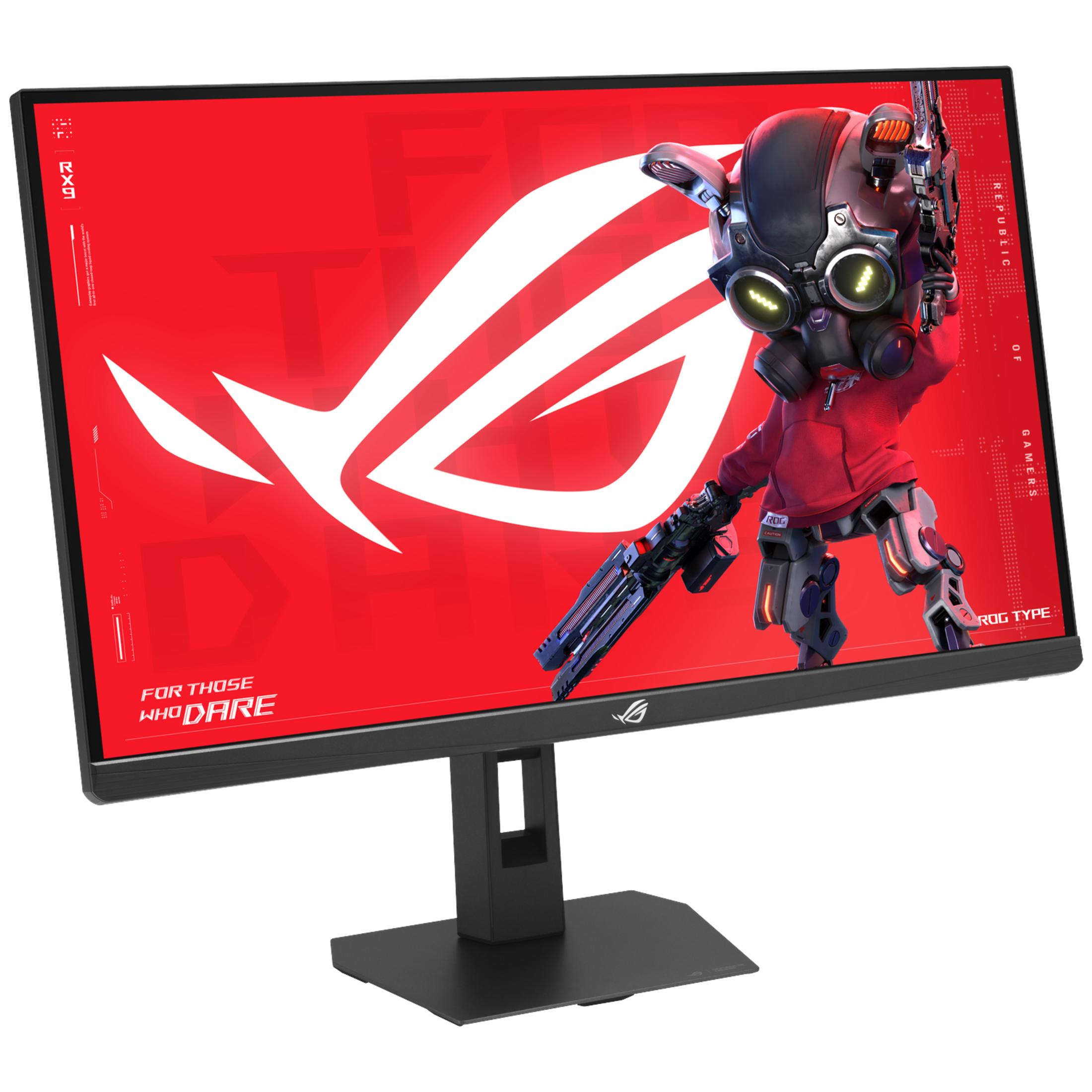 Monitor do gier z czerwonym tłem i postacią robota z bronią.