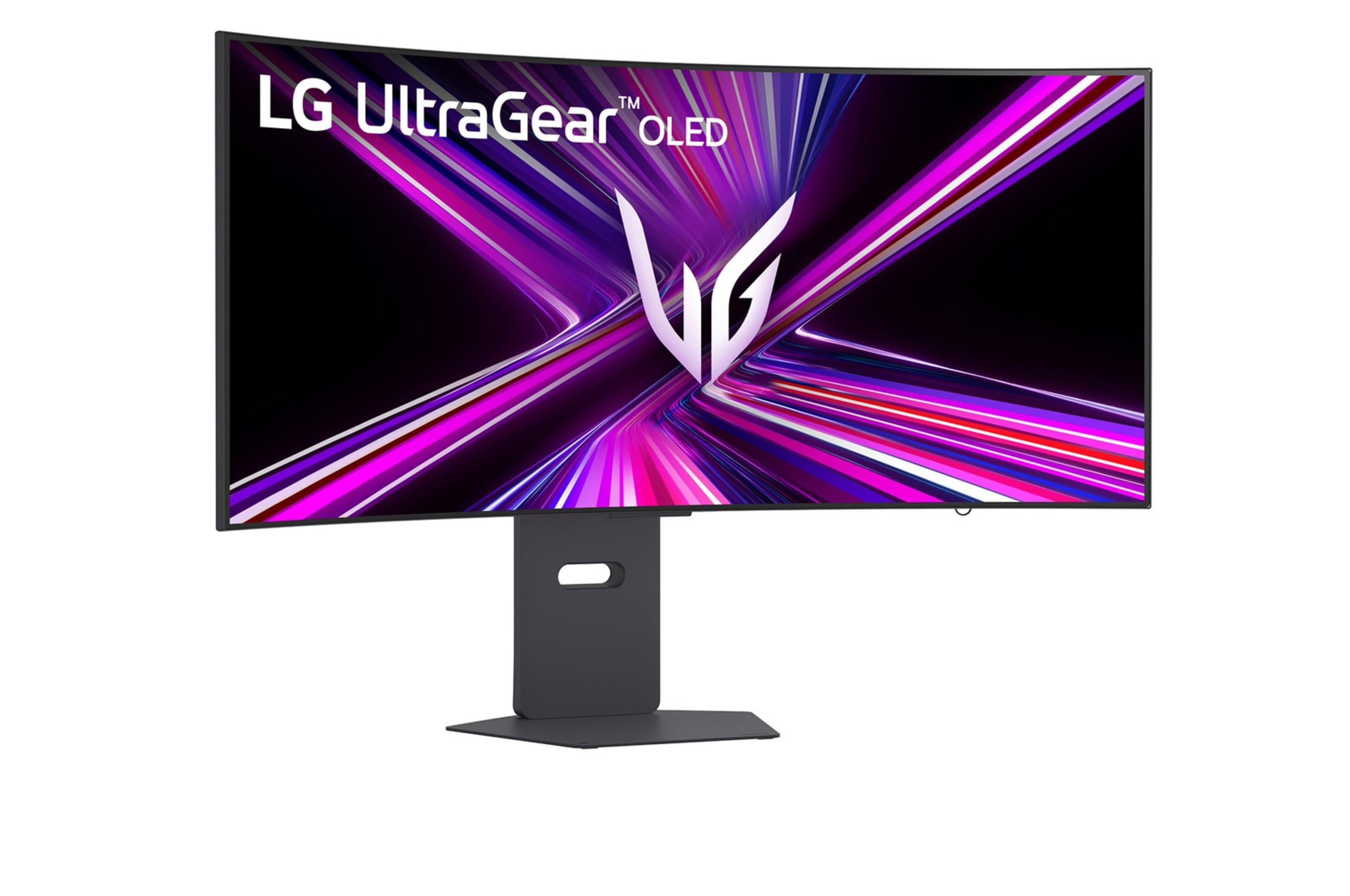 Zakrzywiony monitor LG UltraGear OLED wyświetlający futurystyczny wzór fioletowo-biały na ekranie.