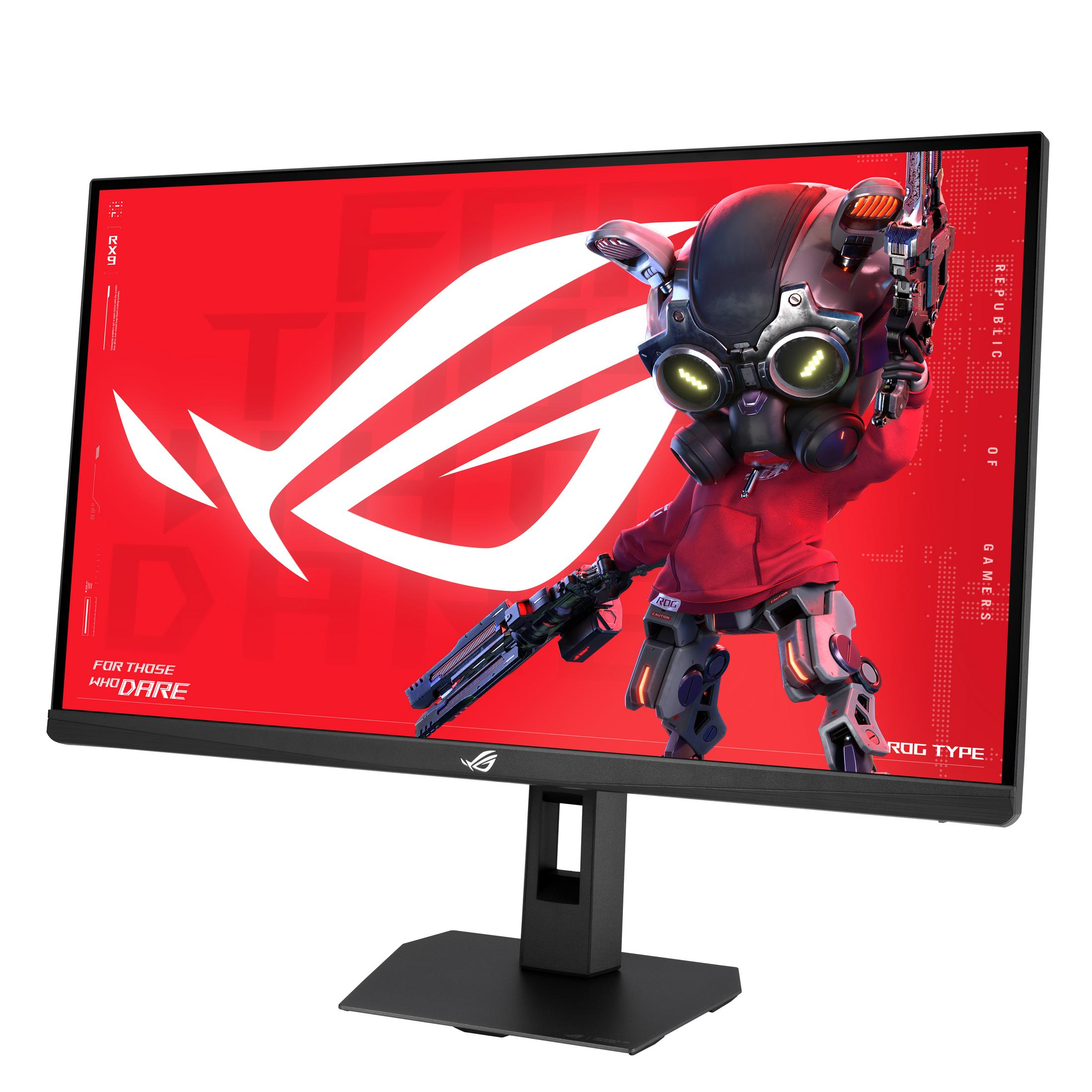 Een monitor met een rode achtergrond en een robotpersonage dat een wapen vasthoudt.