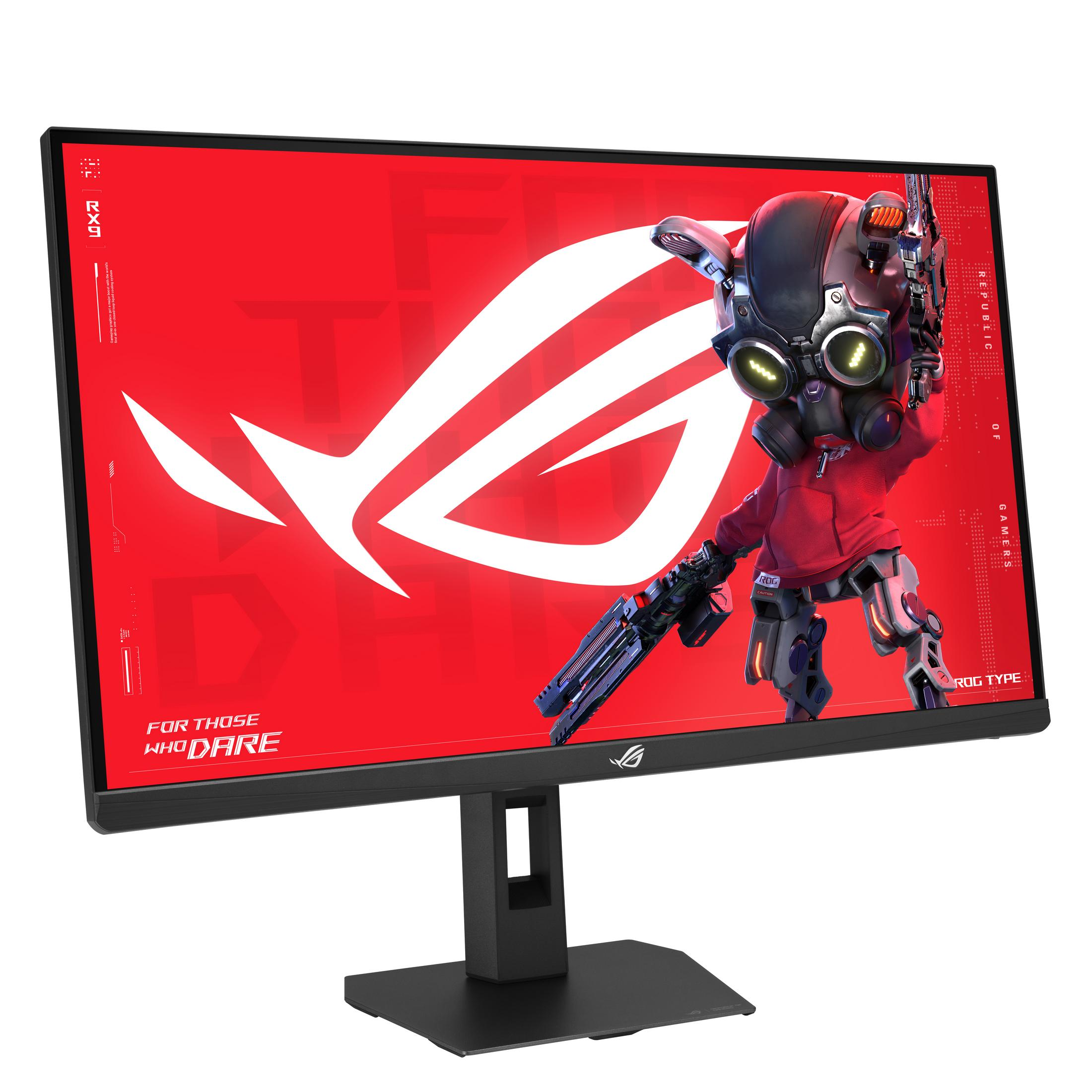 Een gamingmonitor met rode achtergrond en robotpersonage.