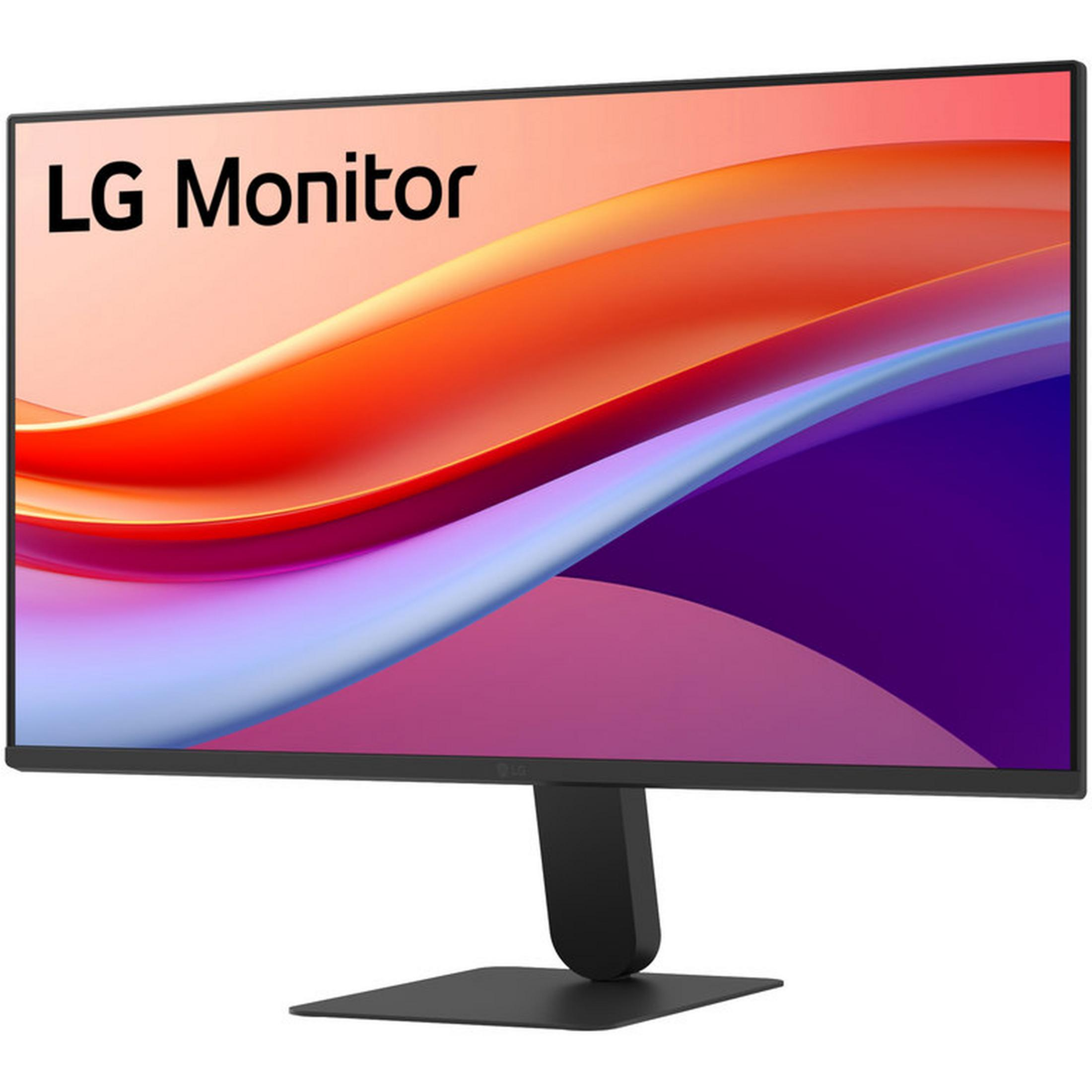 Czarny monitor LG z kolorowym, abstrakcyjnym tłem.