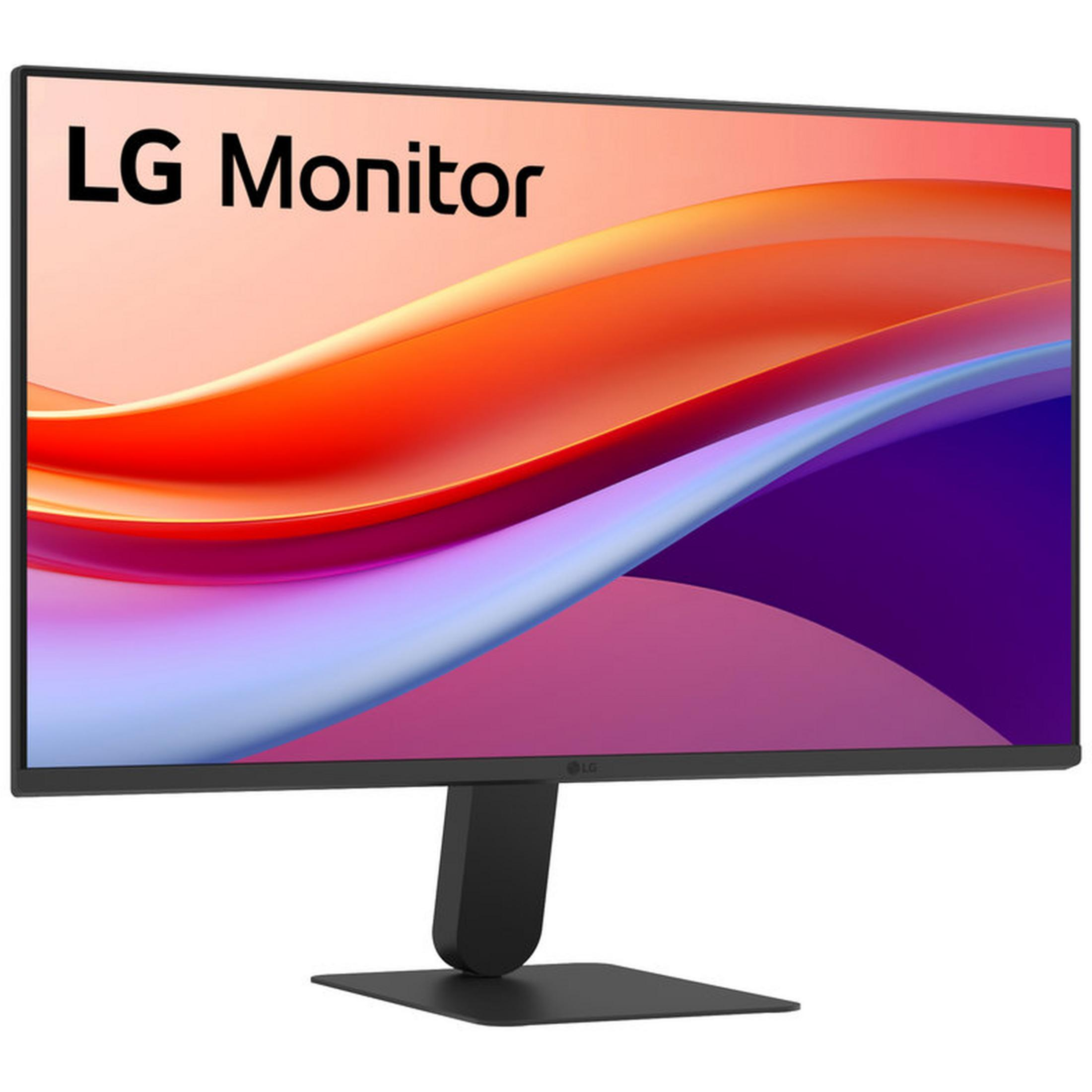 Monitor LG z kolorowym abstrakcyjnym tłem na ekranie i czarną podstawą.
