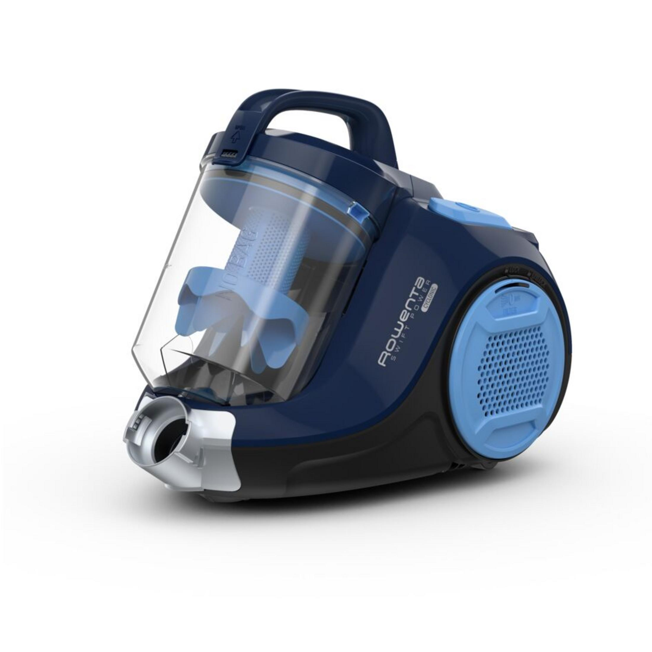 Aspiradora azul oscuro y negra con depósito transparente y ventilación azul.