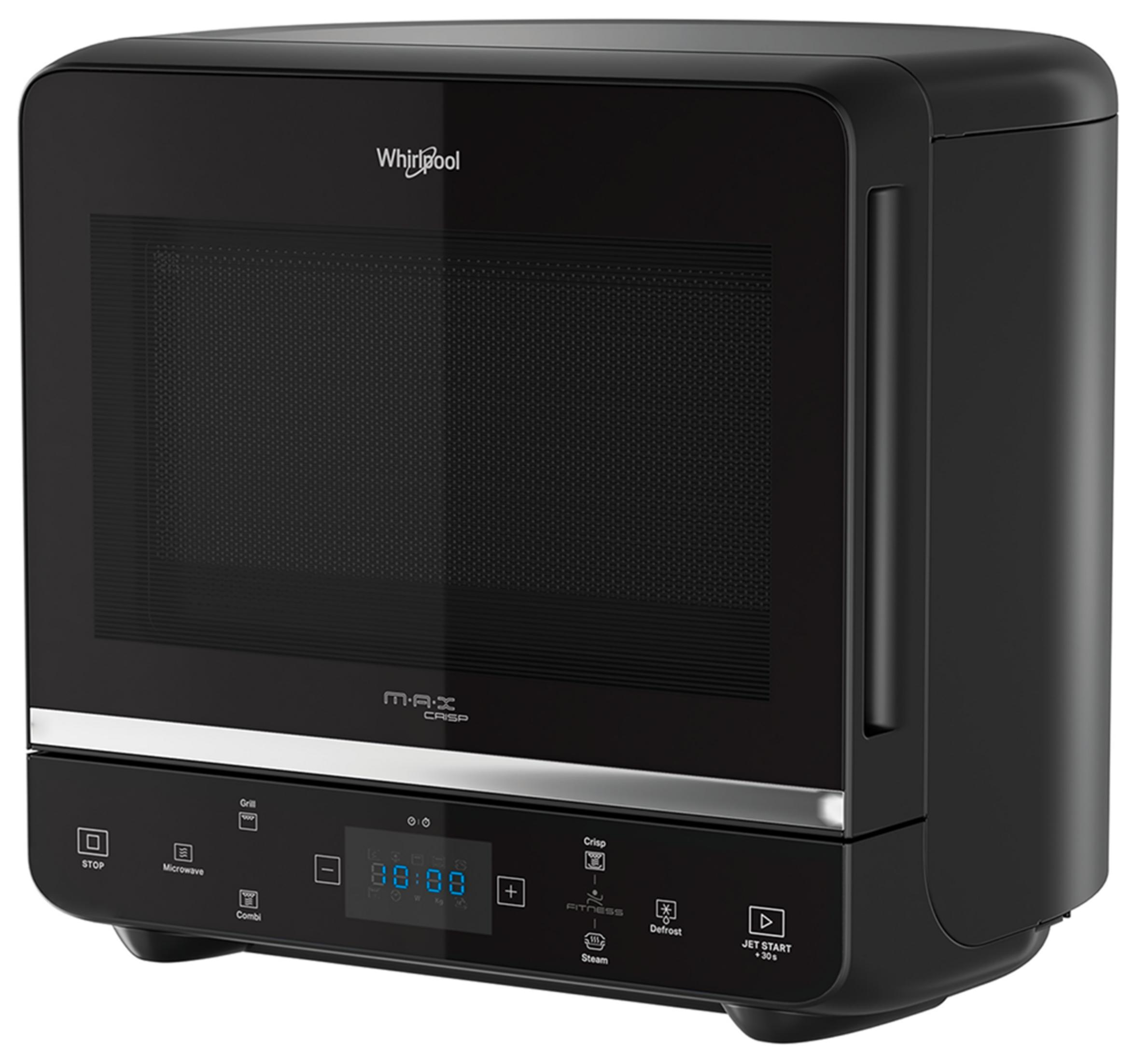 Microondas Whirlpool negro con pantalla digital y botones de control.