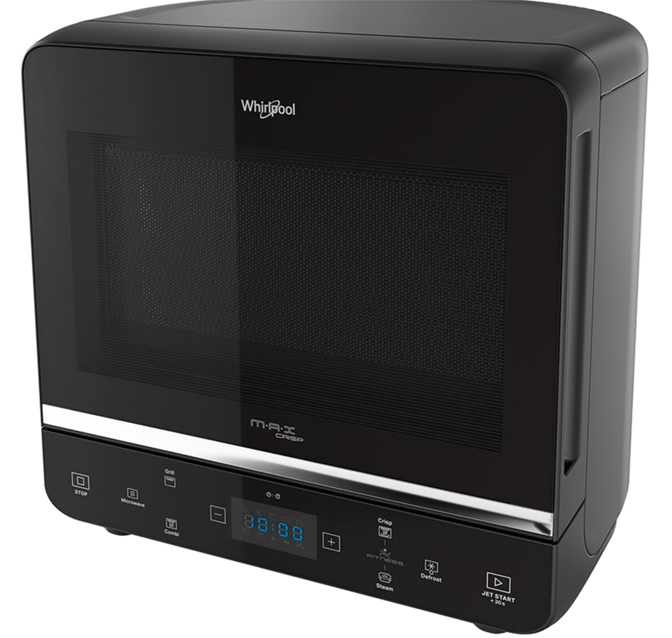 Microondas Whirlpool negro con pantalla digital y botones de control.