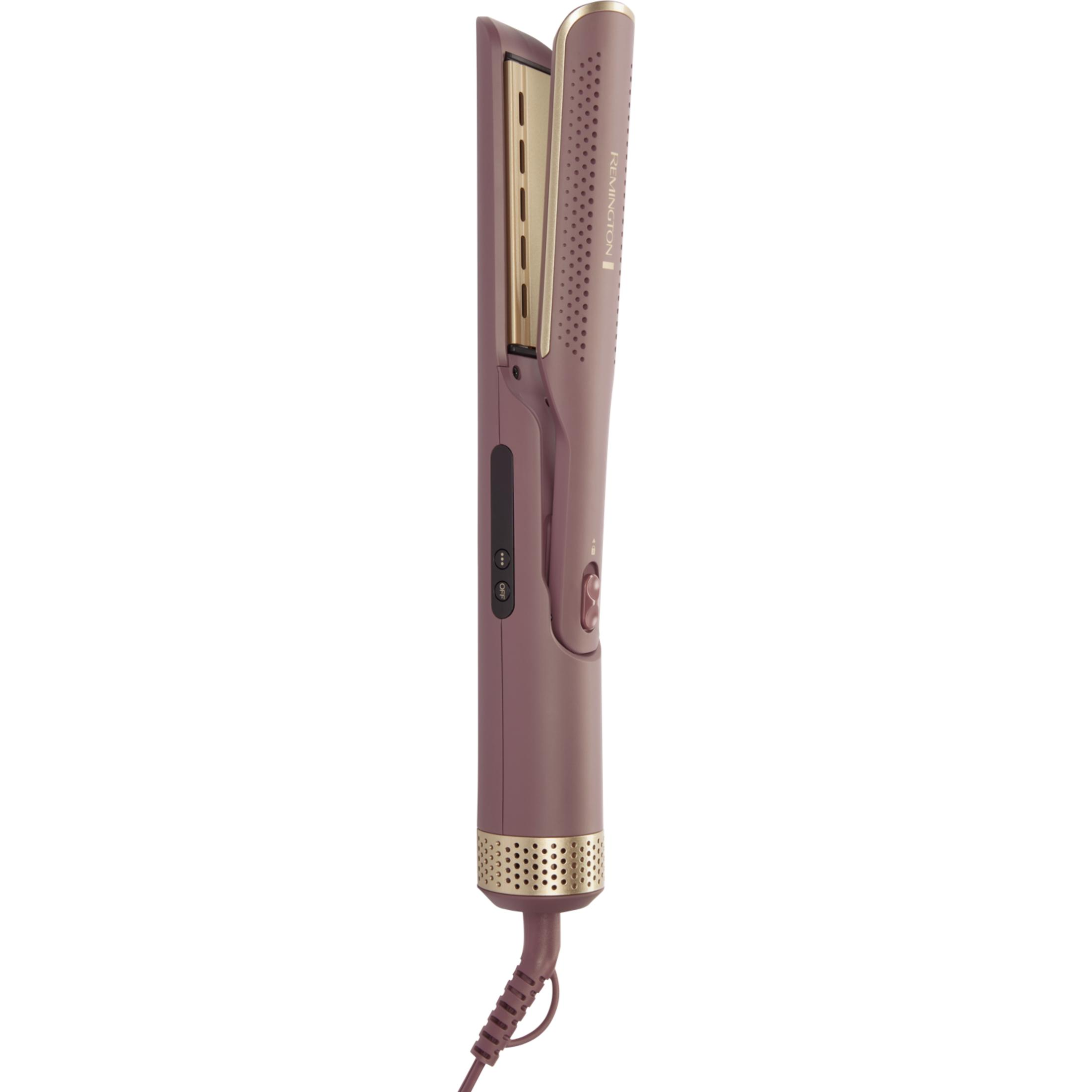 Una piastra per capelli viola con accenti dorati e logo Remington.
