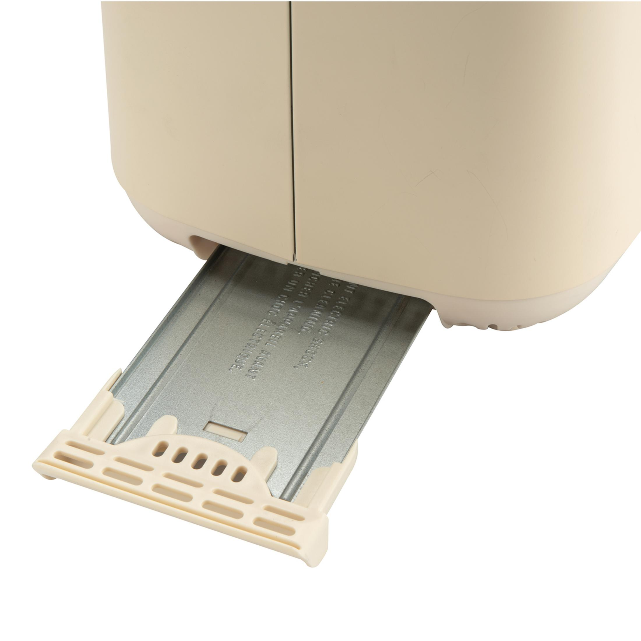 Een crème-kleurige broodrooster met uittrekbare kruimellade van metaal en plastic.