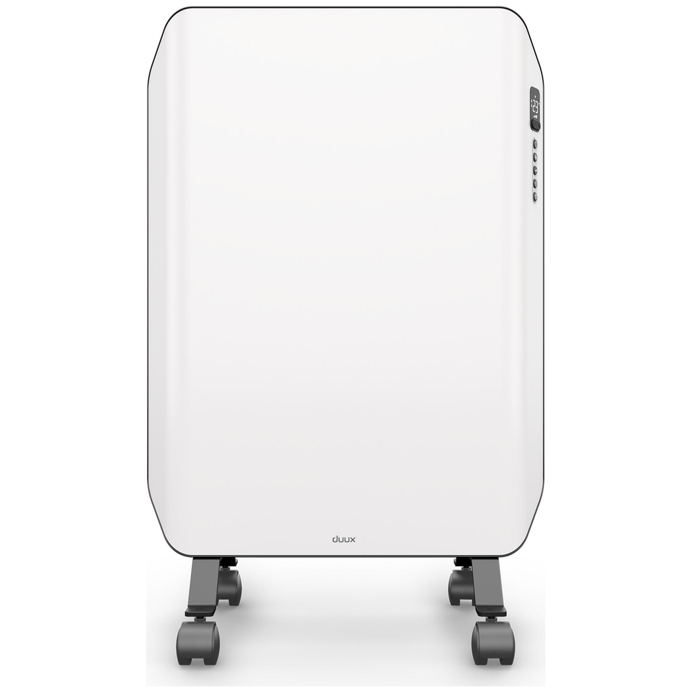 Ein weißer Radiator auf Rädern mit digitaler Anzeige und Bedienelementen.