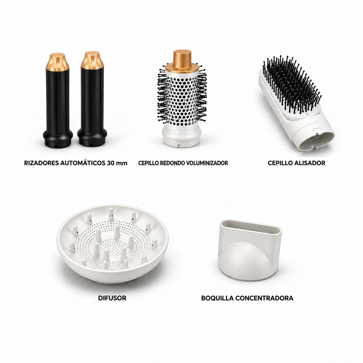 Cinco accesorios para secador de pelo: dos rizadores negros, un cabezal de cepillo redondo blanco, un cepillo plano blanco, un difusor blanco.