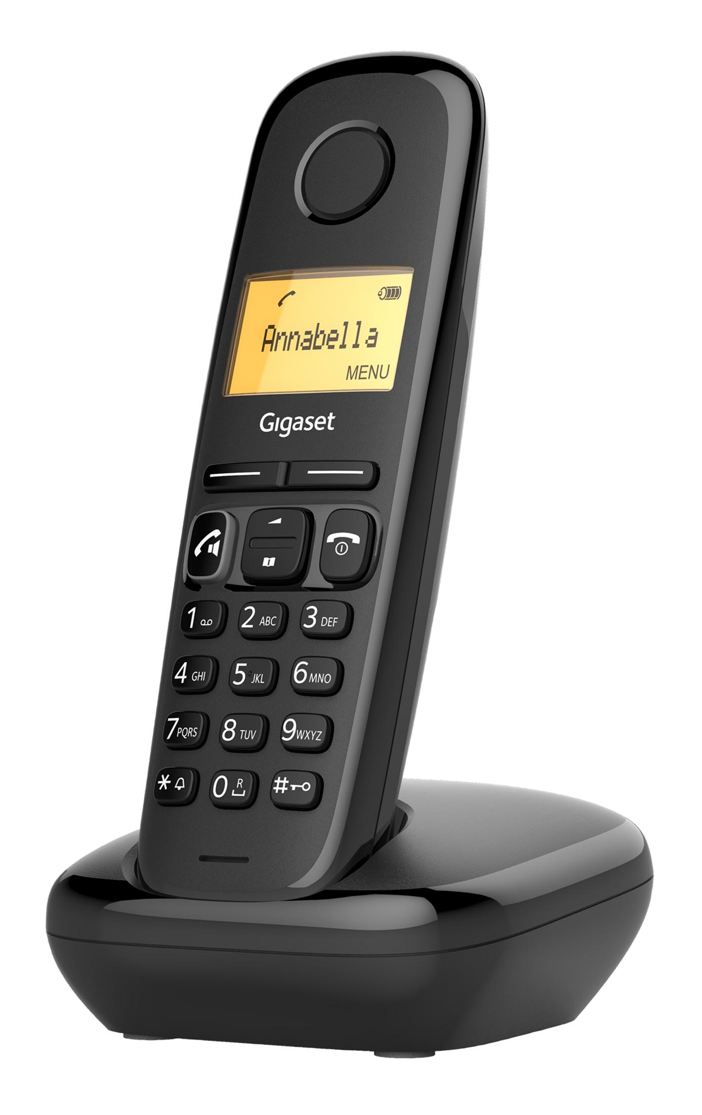 Un téléphone sans fil Gigaset noir est posé sur sa base de chargement.