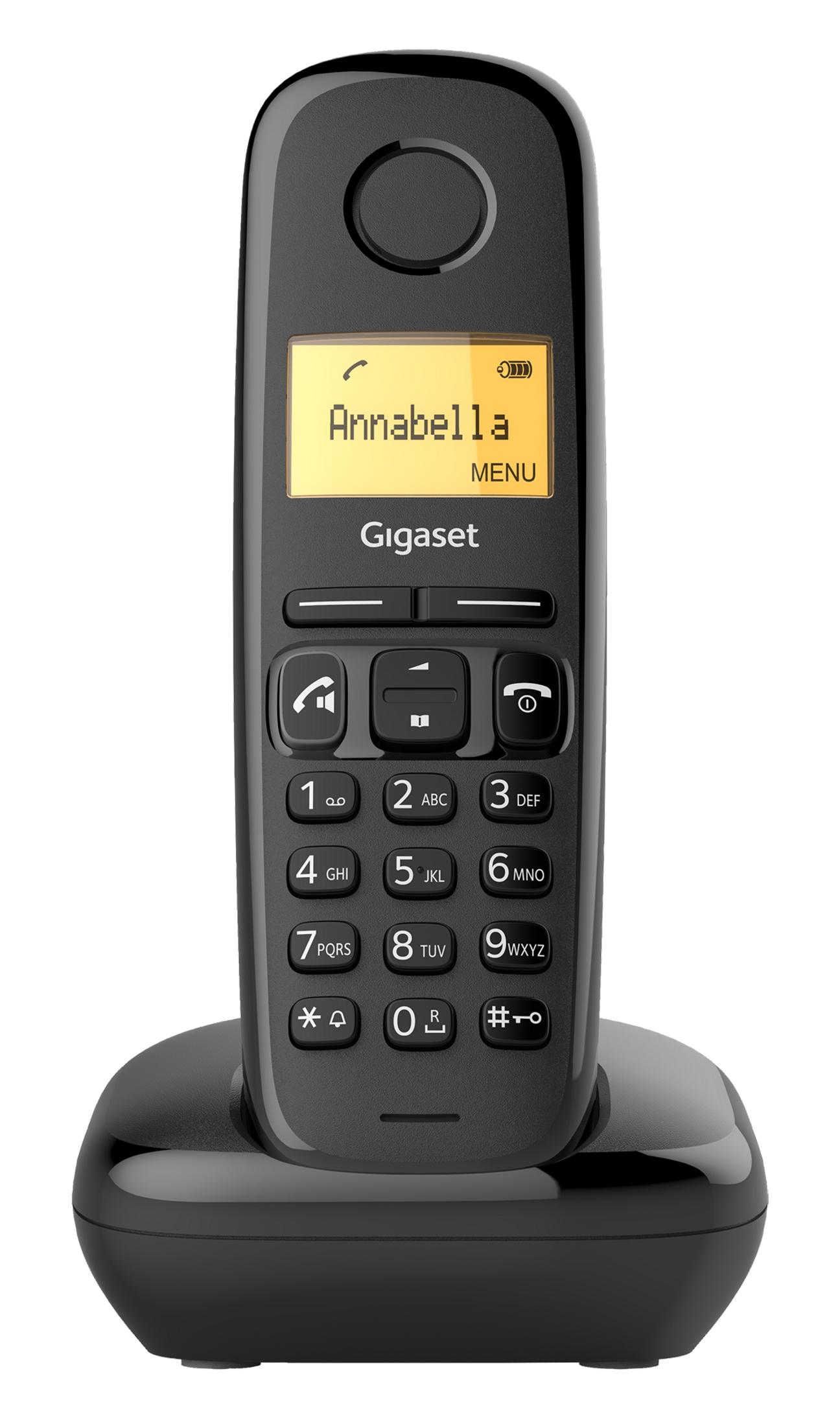 Téléphone sans fil Gigaset noir avec écran jaune 'Annabella'.