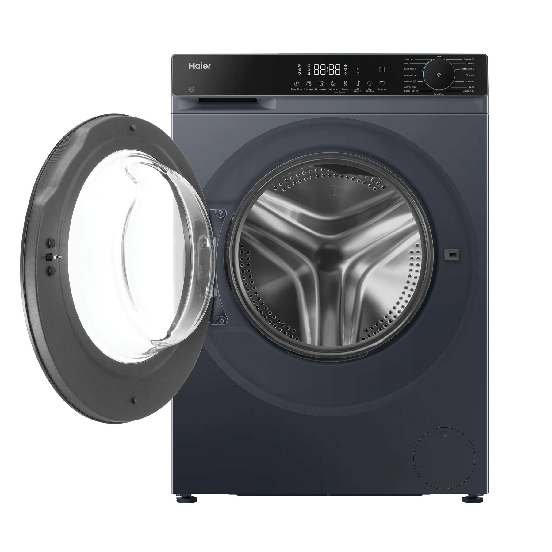 Lavatrice Haier grigia con oblò aperto e cestello argentato. Pannello di controllo in alto.