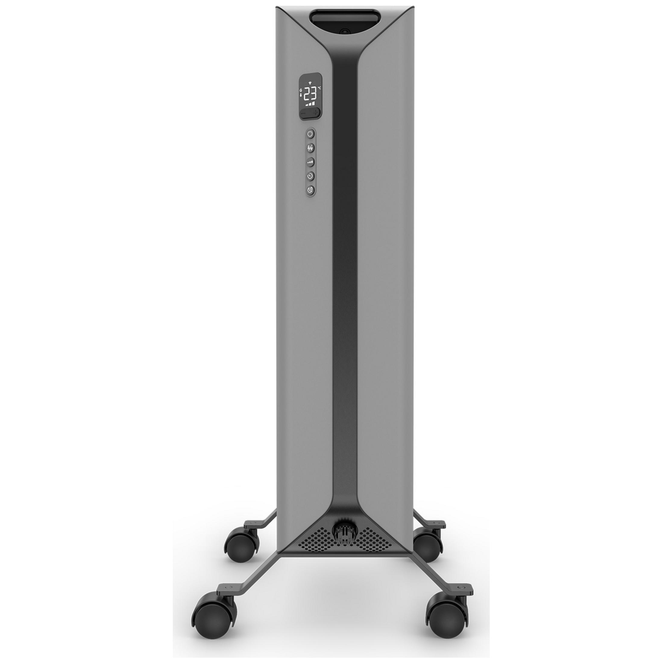 Ein schlanker, grauer Turmventilator auf Rädern mit digitaler Anzeige und Tasten.