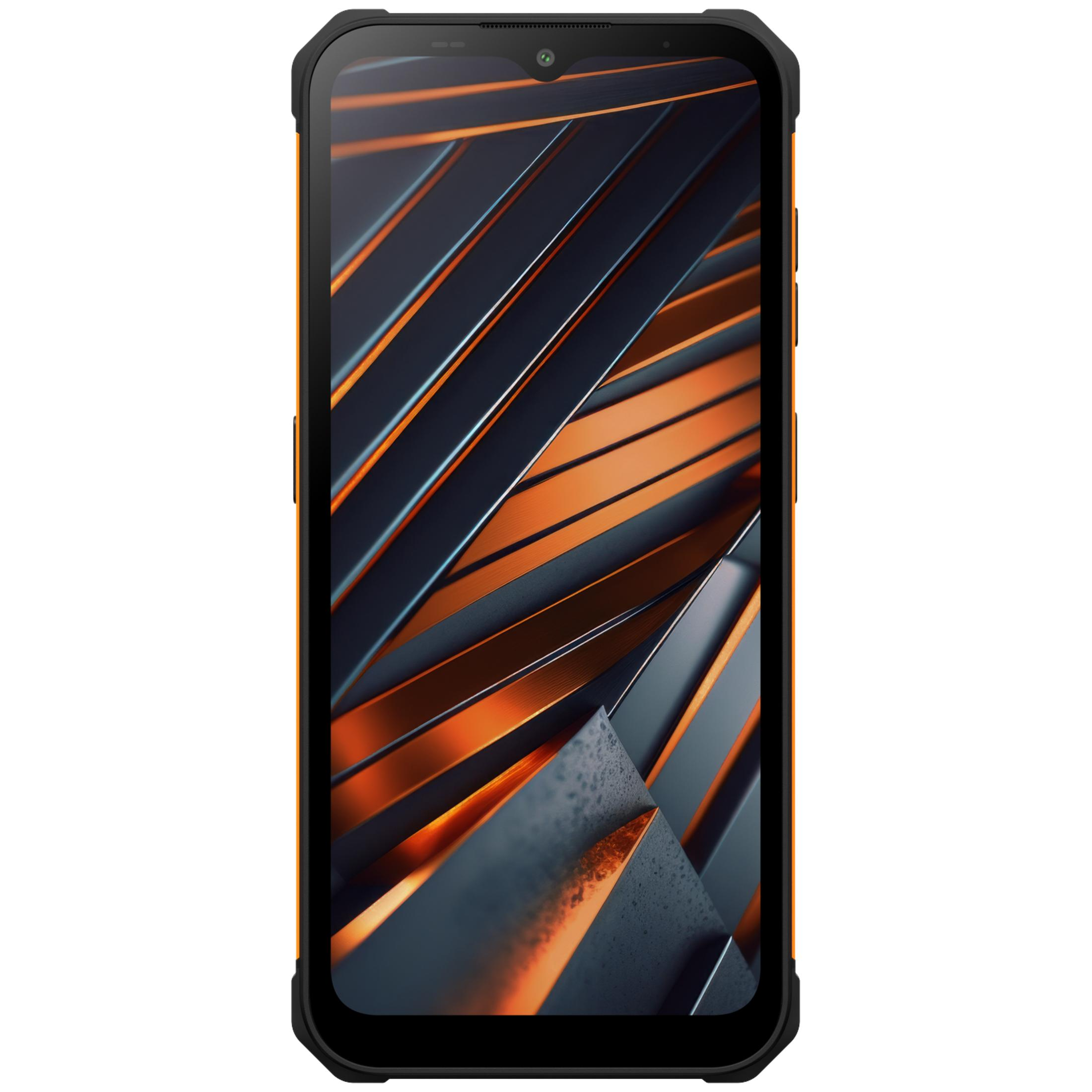 Czarny smartfon z pomarańczową ramką i abstrakcyjnym tłem.