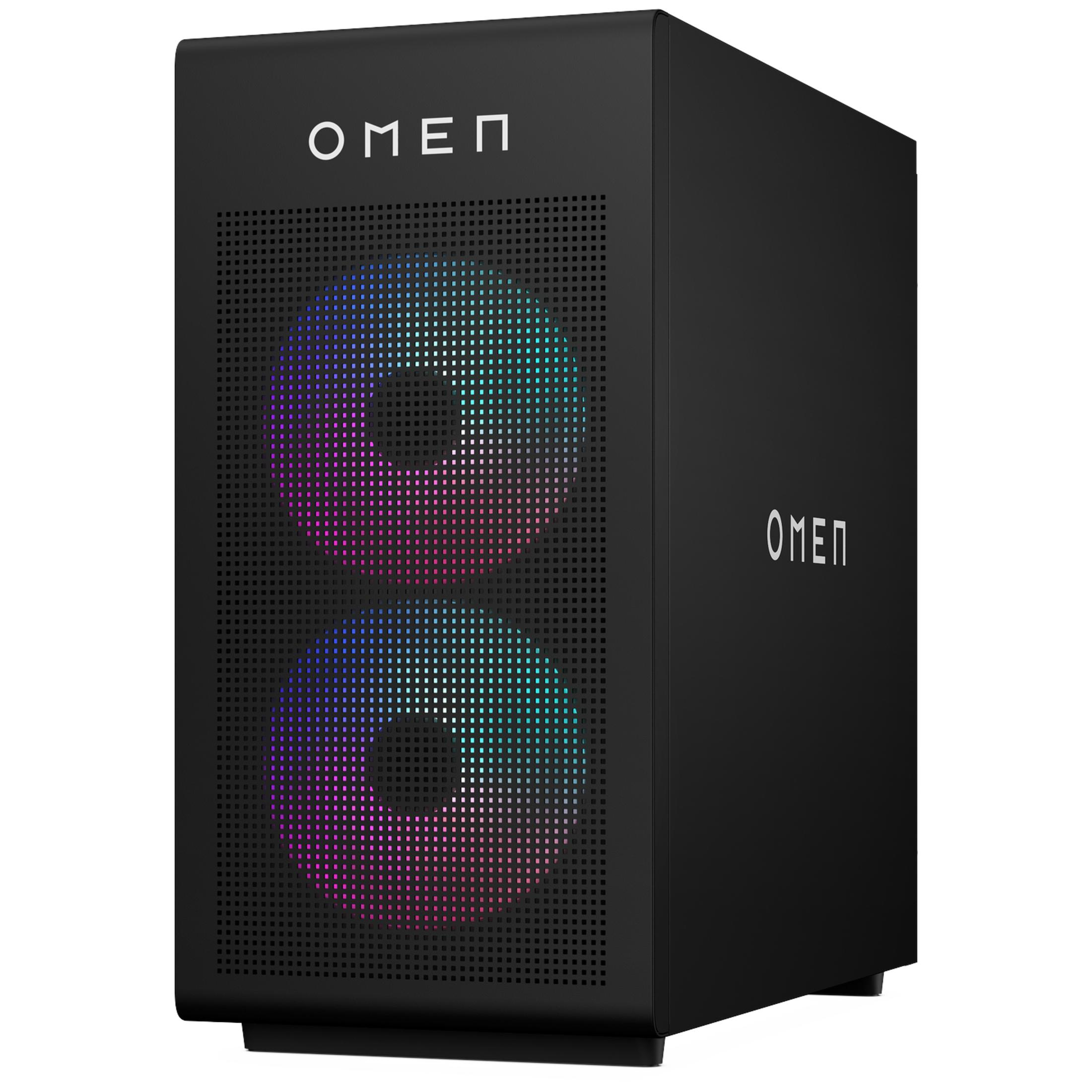 Zwarte Omen pc met RGB-ventilatoren en geperforeerd voorpaneel.