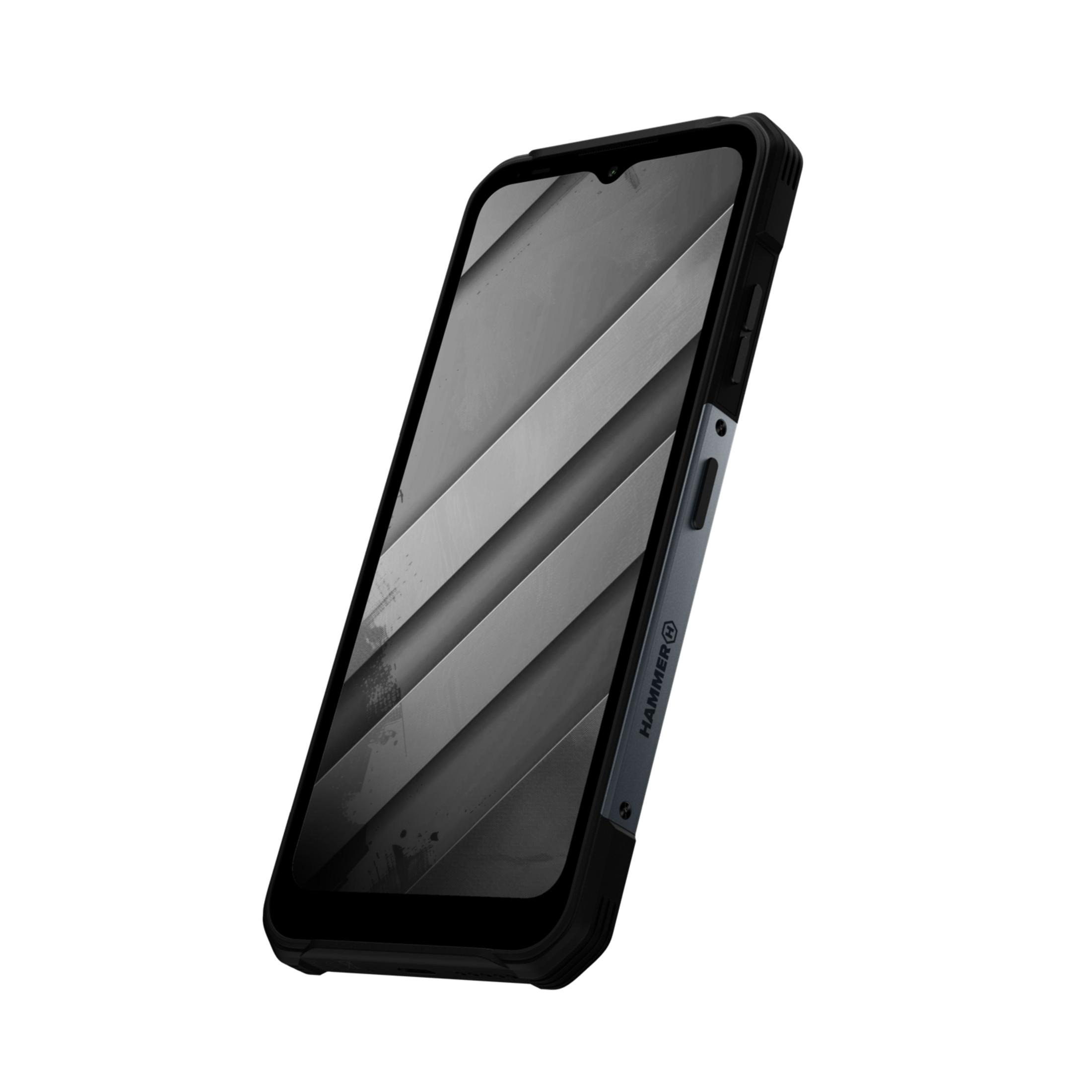Un smartphone negro con marco robusto, sobre fondo blanco.
