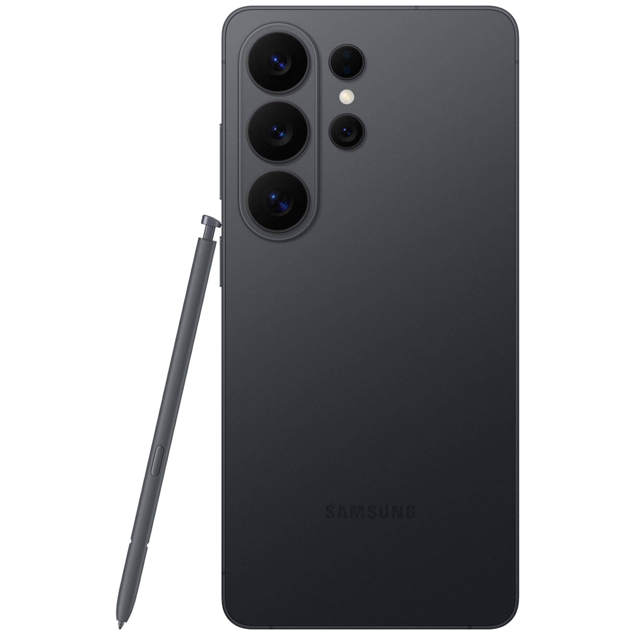 Ciemnoszary smartfon ze stylusem, obiektywami i logo Samsung.