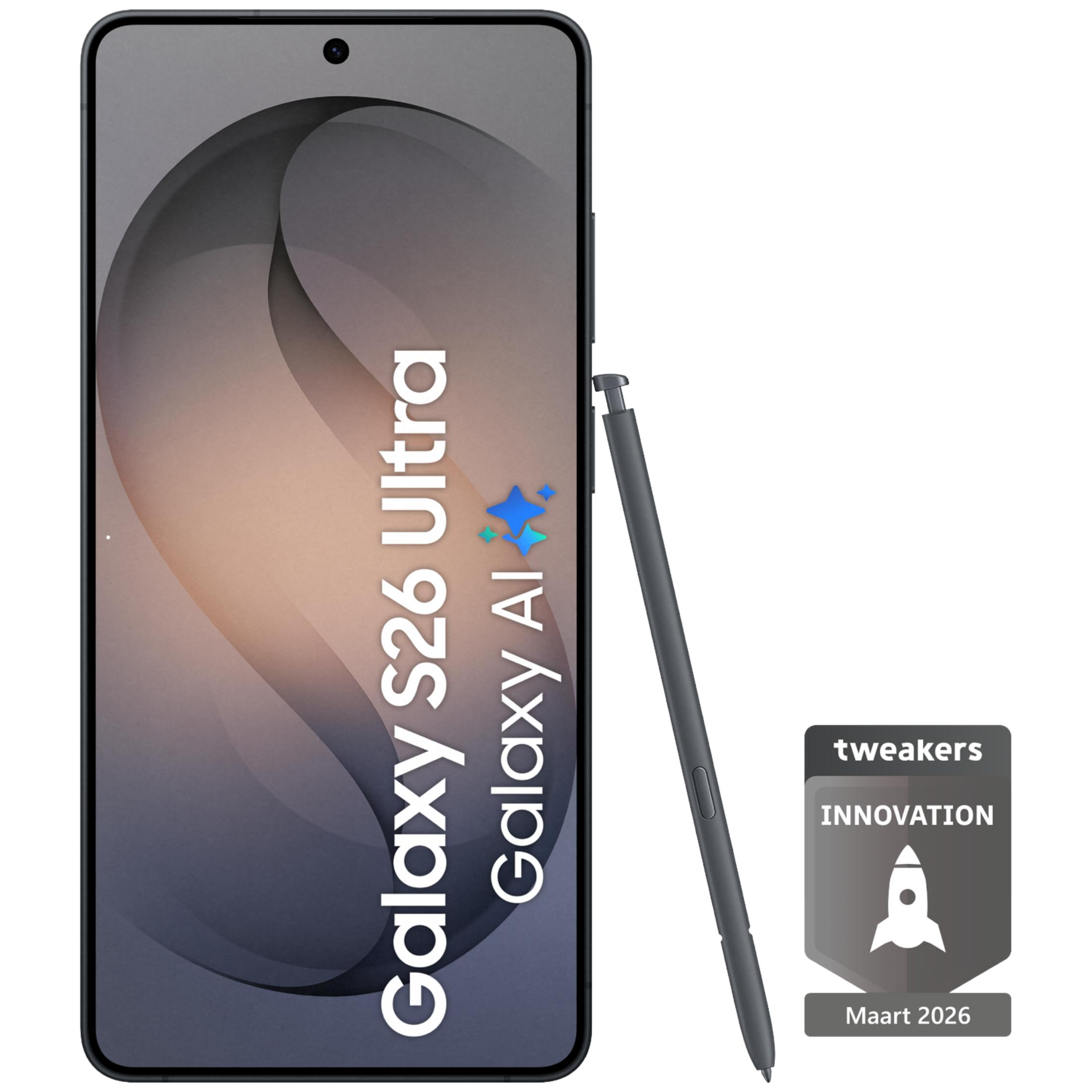 Smartfon ze stylusem, wyświetlający tekst "Galaxy S26 Ultra Galaxy AI".