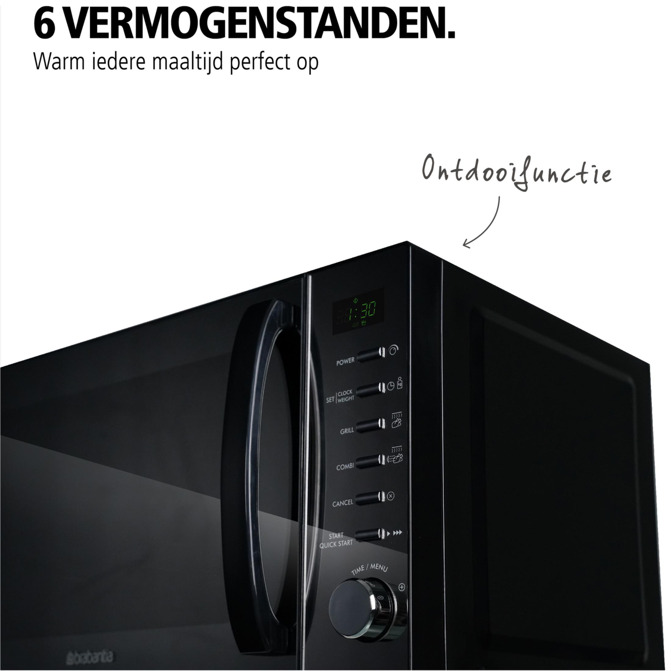Black microwave with digital display and controls, defrost function highlighted.