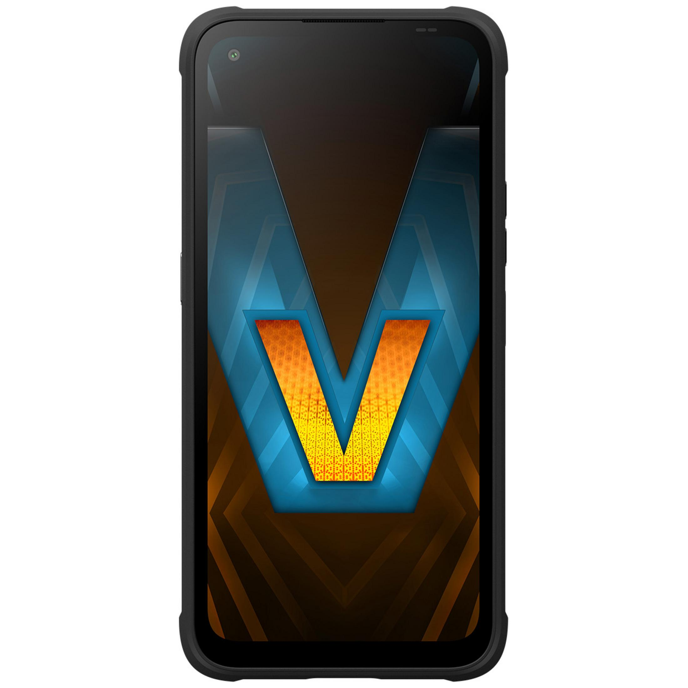 Schwarzes Smartphone mit orange-gelbem V-Logo auf blauem Hintergrund.