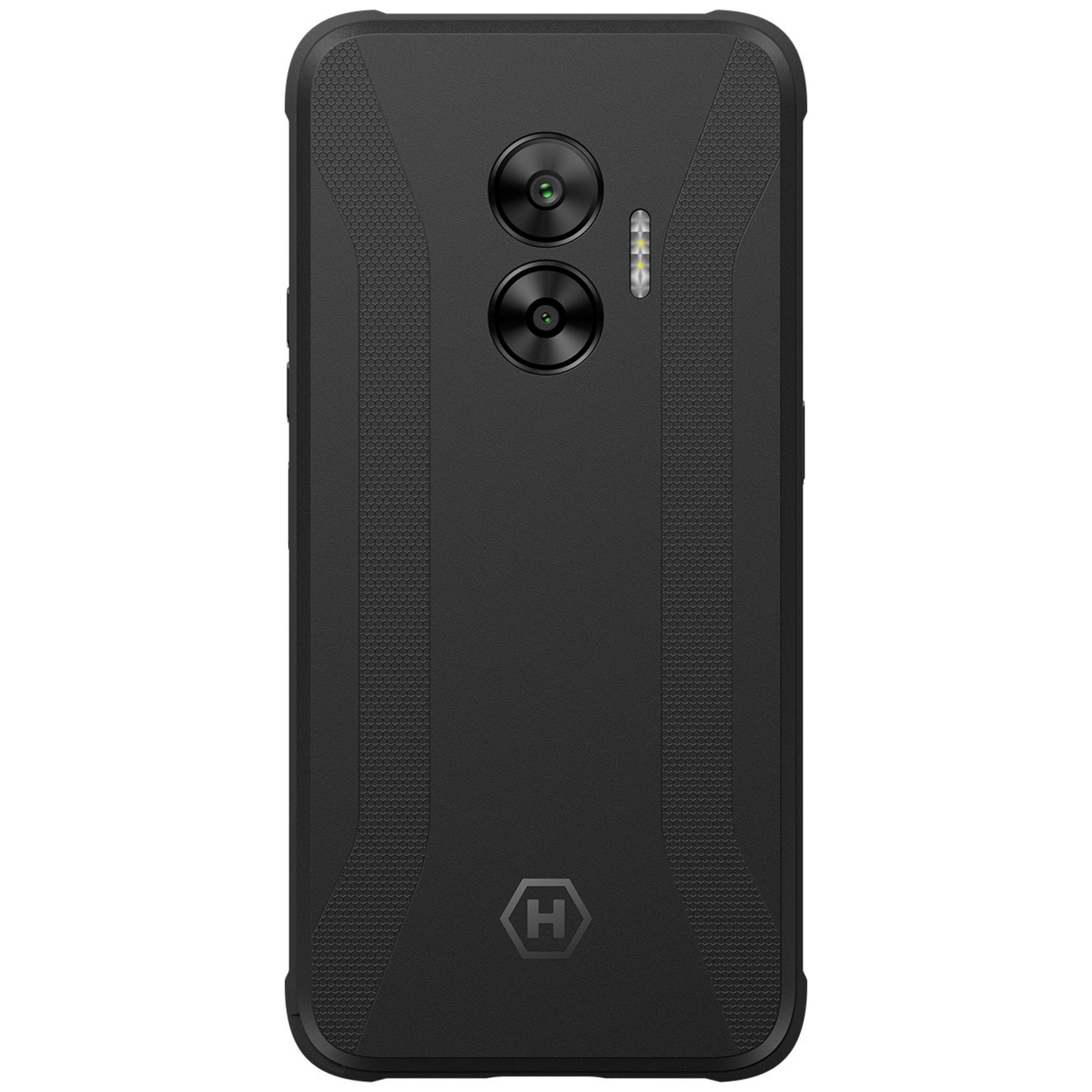Schwarzes Smartphone mit zwei Kameras und Blitz auf der Rückseite.
