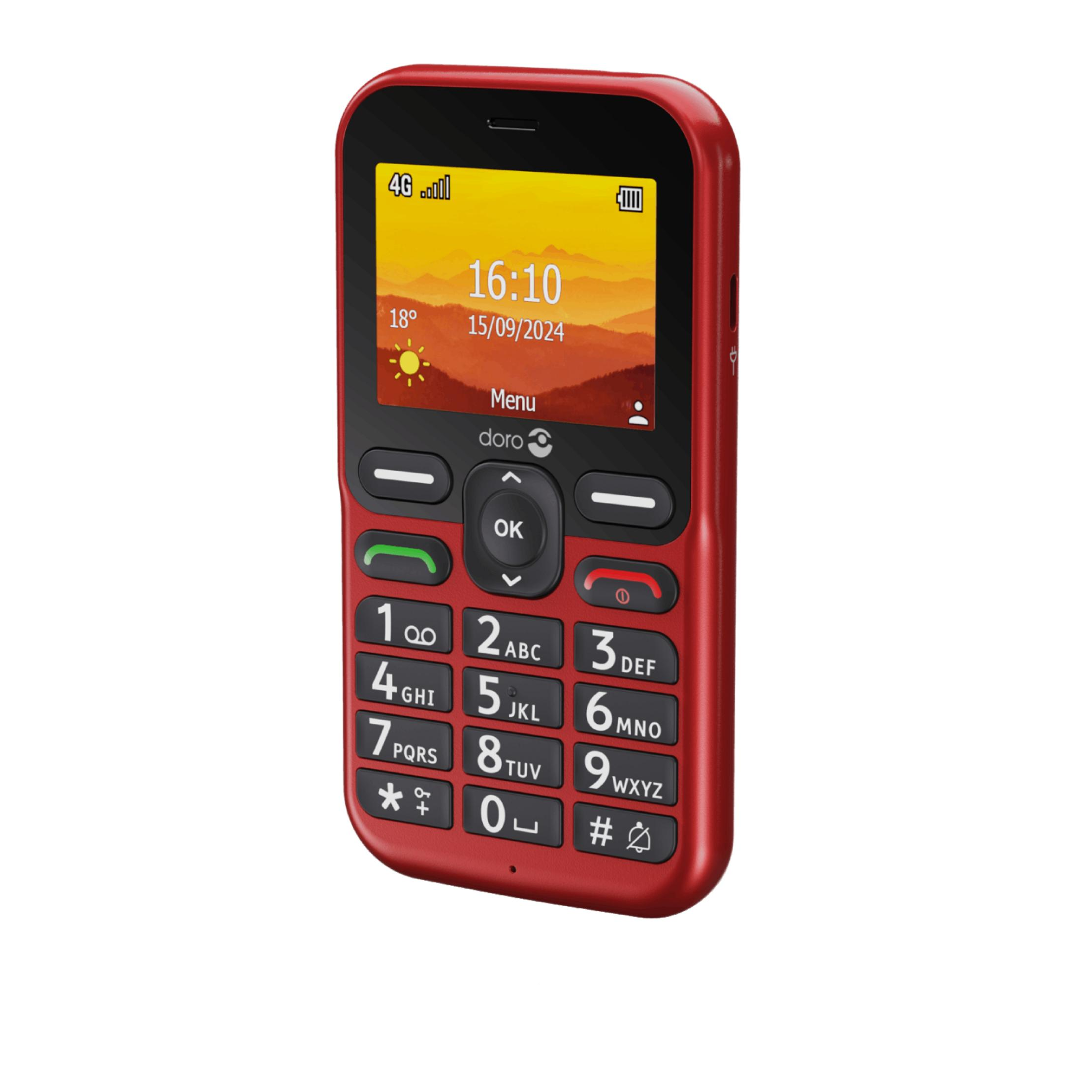 Czerwony telefon komórkowy Doro z przyciskami i ekranem pokazującym 16:10 i datę.