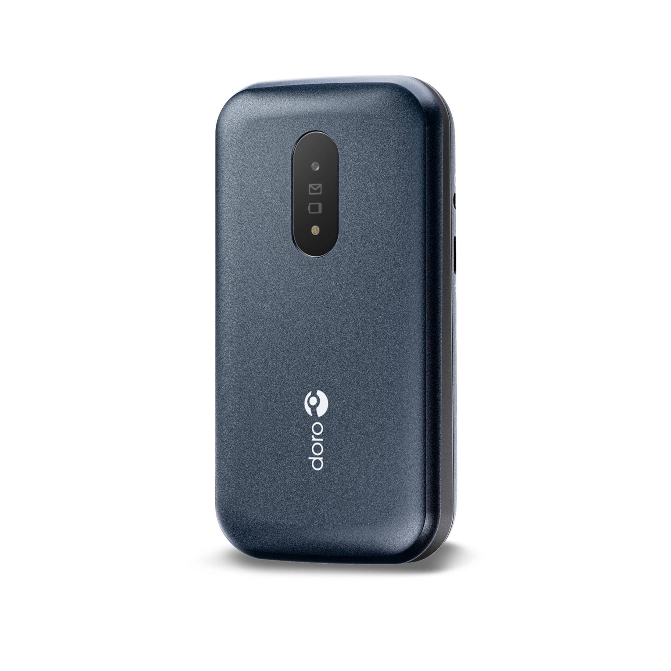 Un smartphone Doro gris oscuro con módulo de cámara vertical.