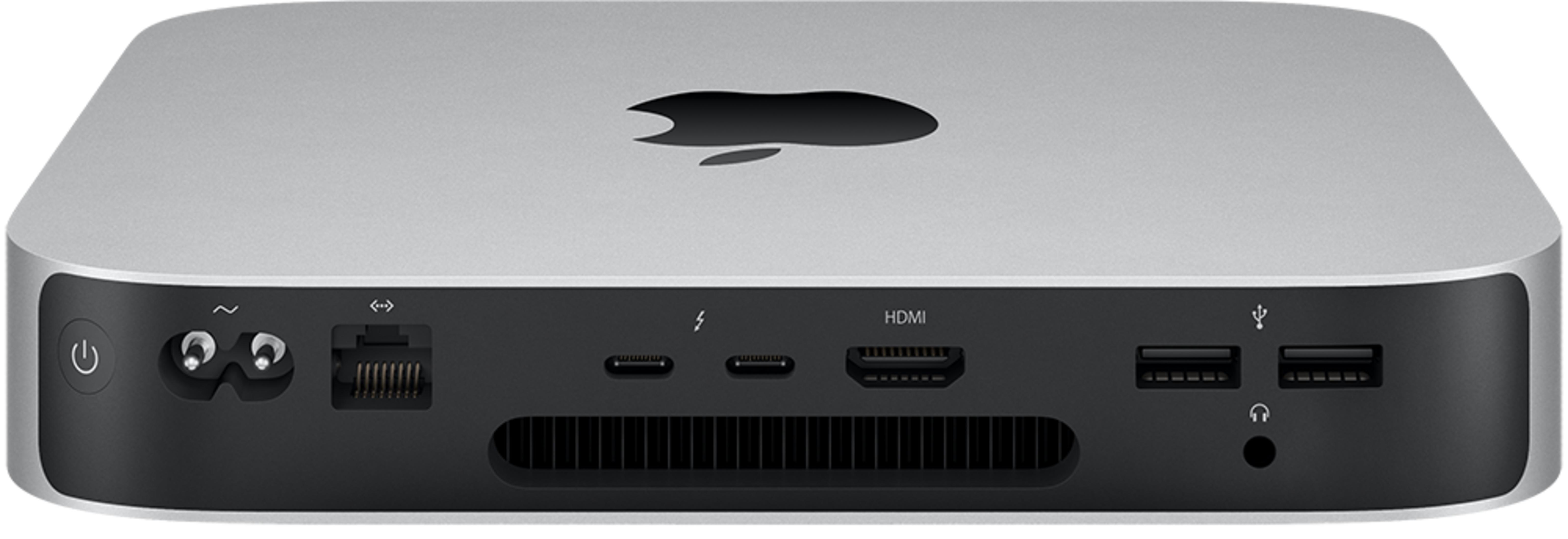 Retro di un Mac Mini argentato che mostra le porte: alimentazione, Ethernet, Thunderbolt, HDMI, USB e cuffie.
