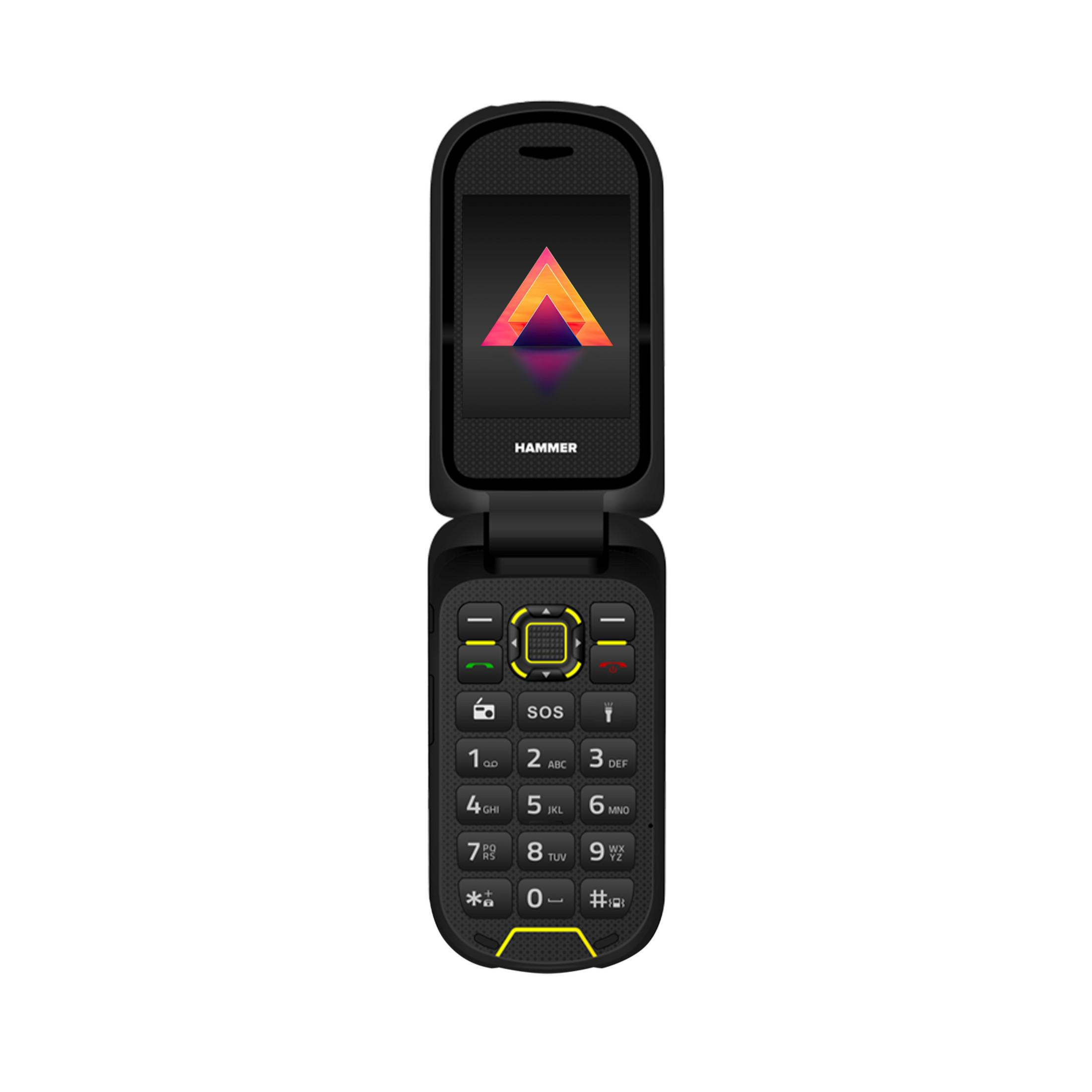 Teléfono plegable negro con logo triangular a color en pantalla y teclado.