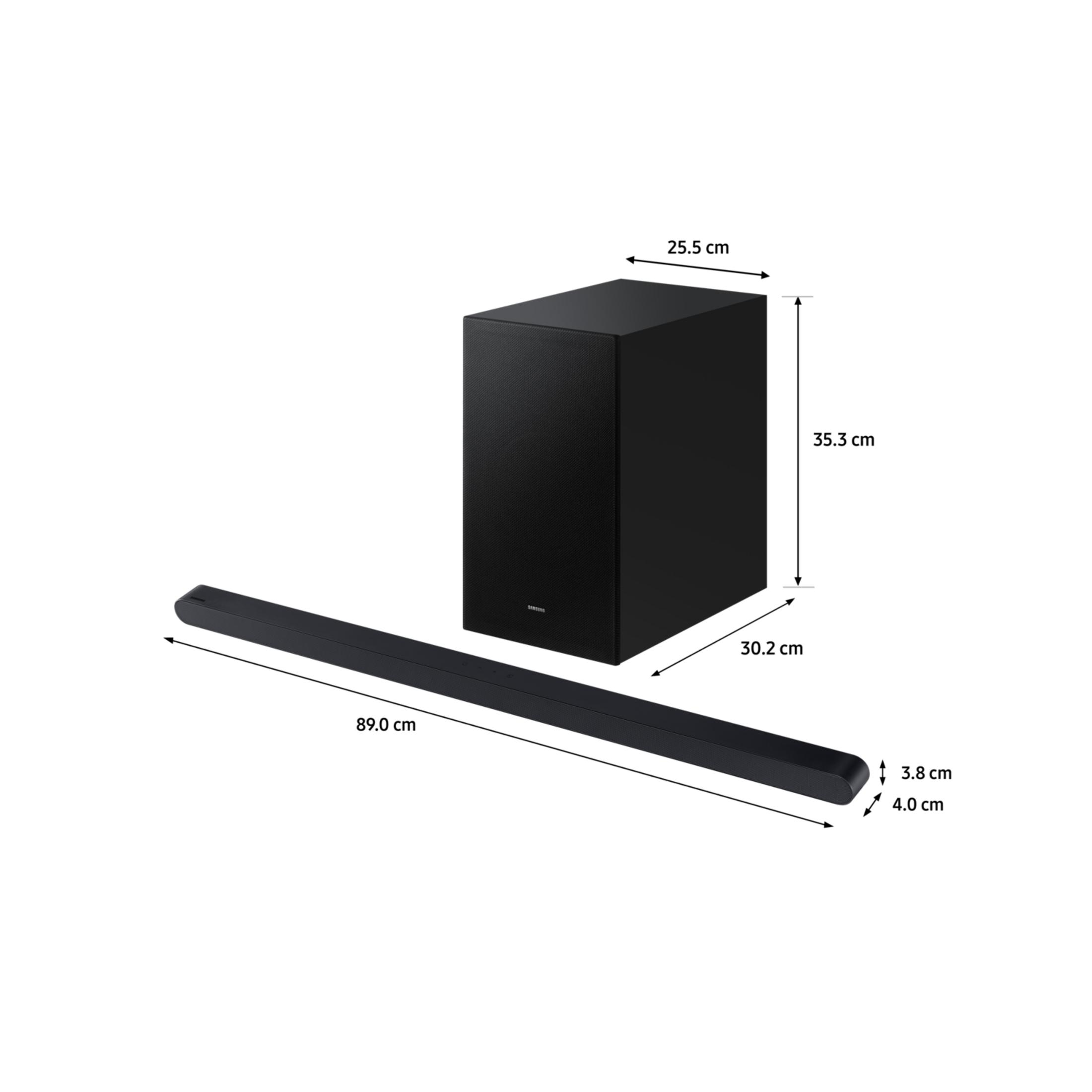 Barre de son et caisson de basses noirs avec dimensions en cm.