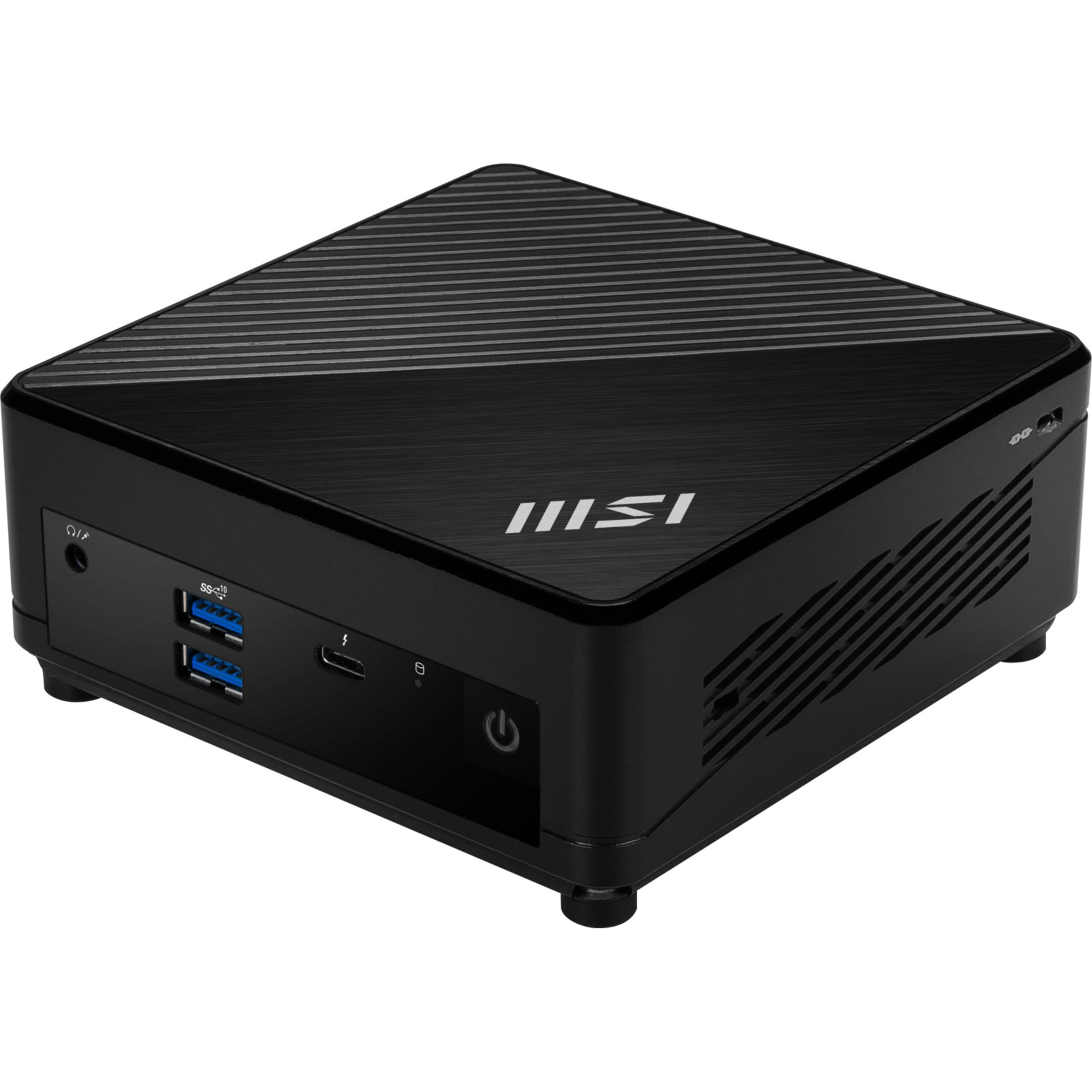 Een zwarte mini-pc met MSI-logo, USB-poorten en ventilatieroosters.