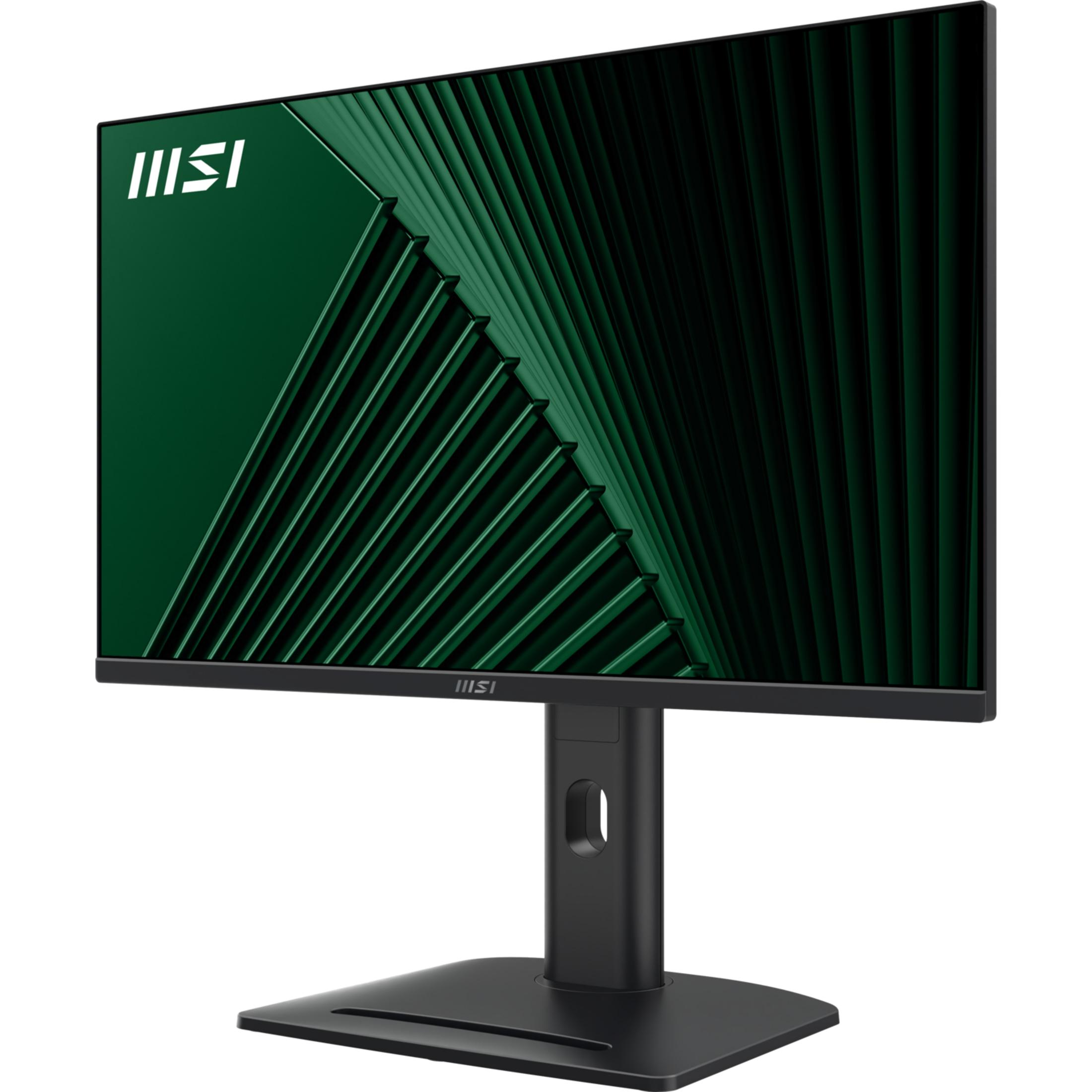 Czarny monitor komputerowy z logo MSI i abstrakcyjnym zielonym tłem.