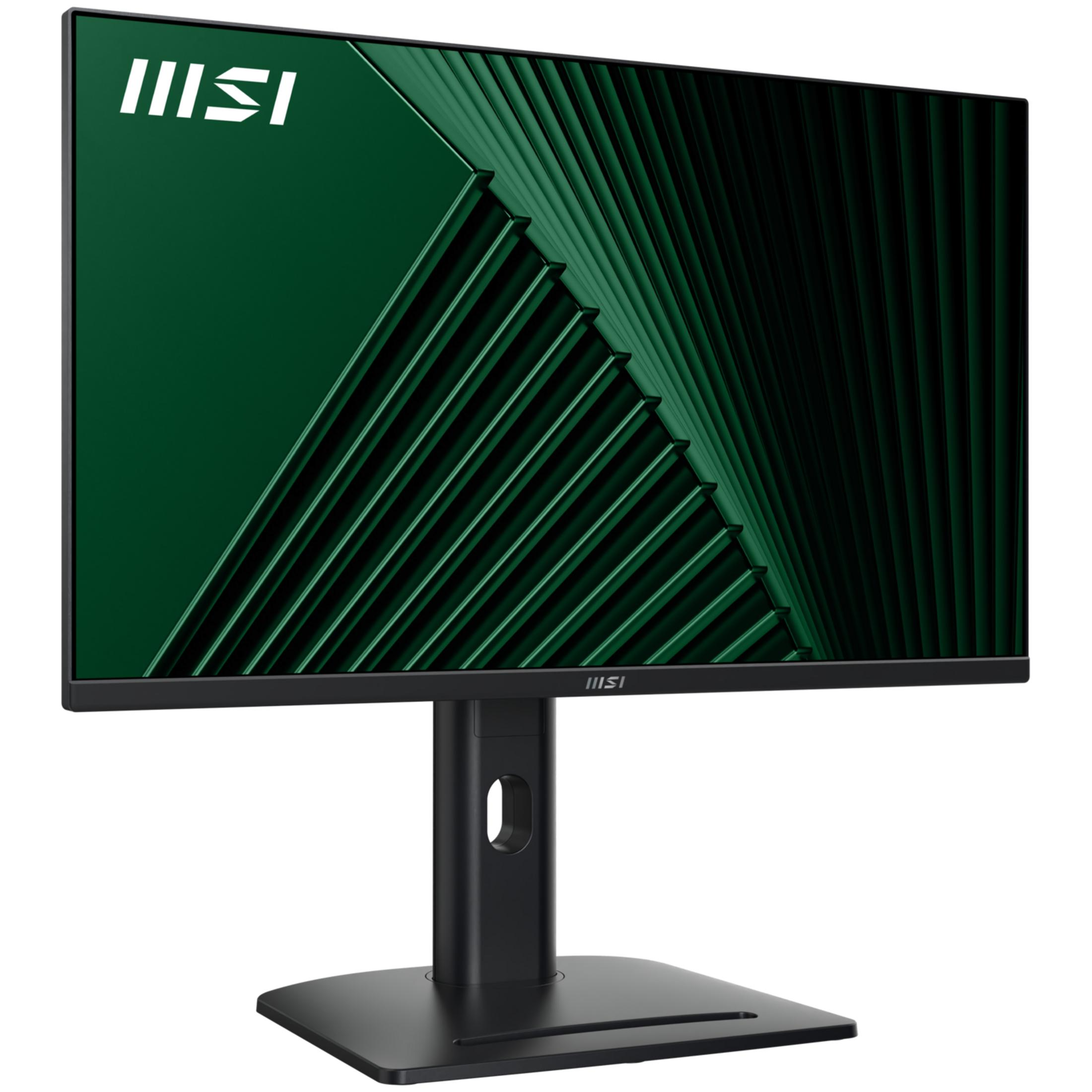 Czarny monitor MSI wyświetla na ekranie ciemnozielony abstrakcyjny wzór.