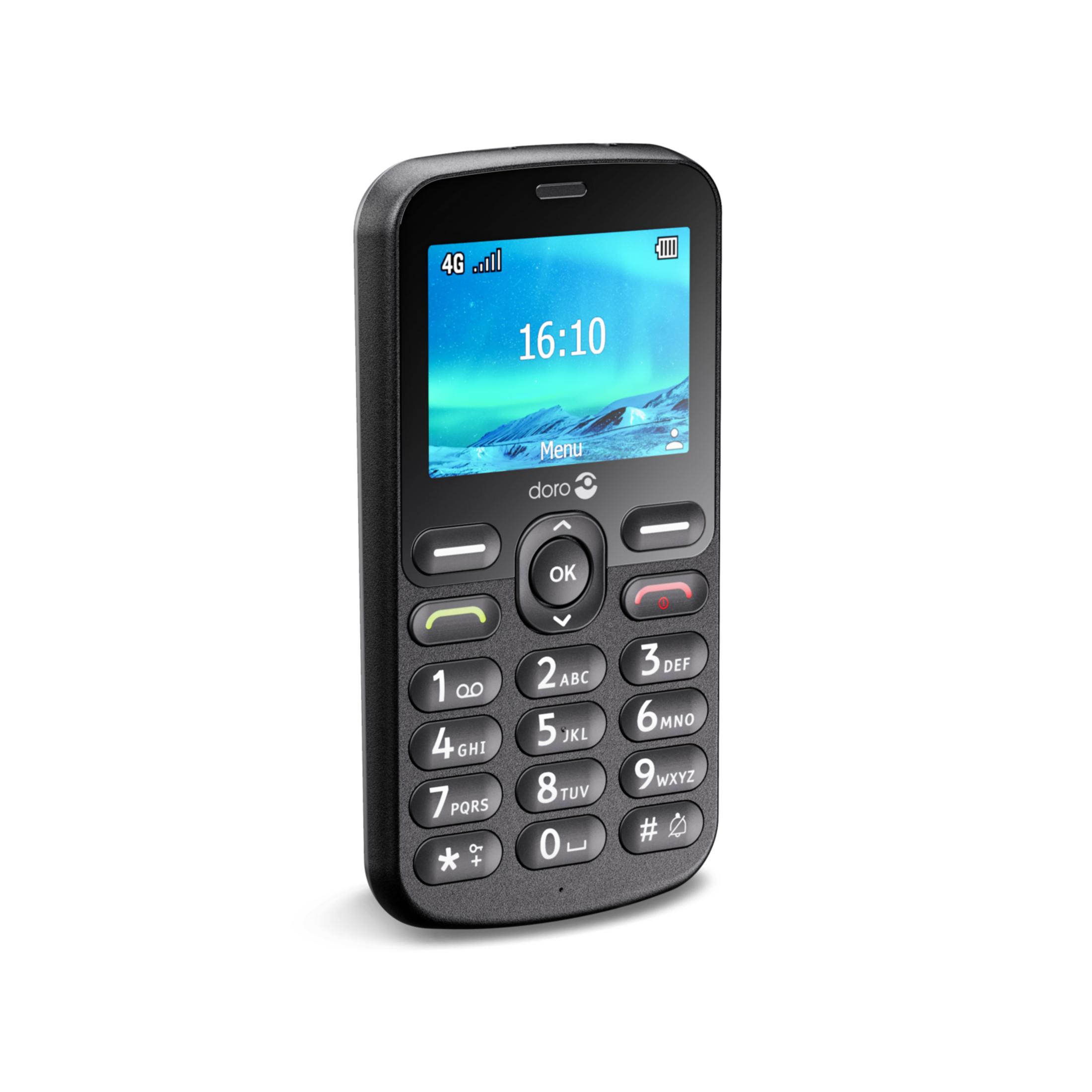 Un teléfono móvil Doro negro con teclado físico y pantalla a color.